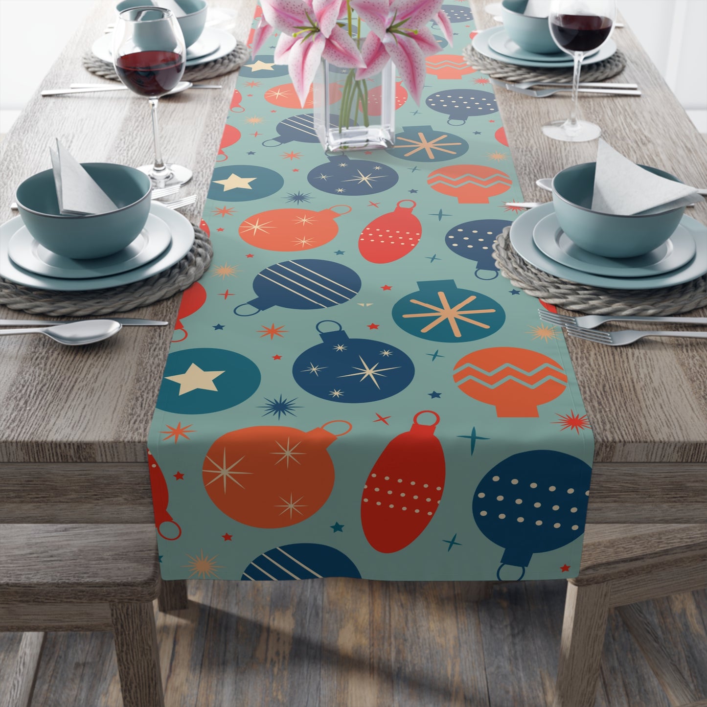 Christmas Ornament Pattern Table Runner – Festive Red, Orange & Blue Holiday Decor