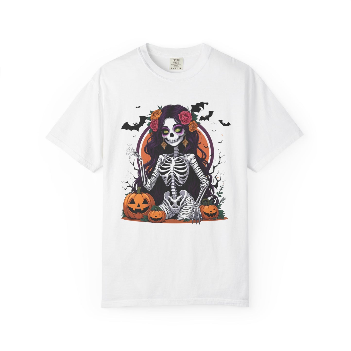 Sitting Skeleton Girl Tee – Gothic Halloween Shirt with Floral Crown