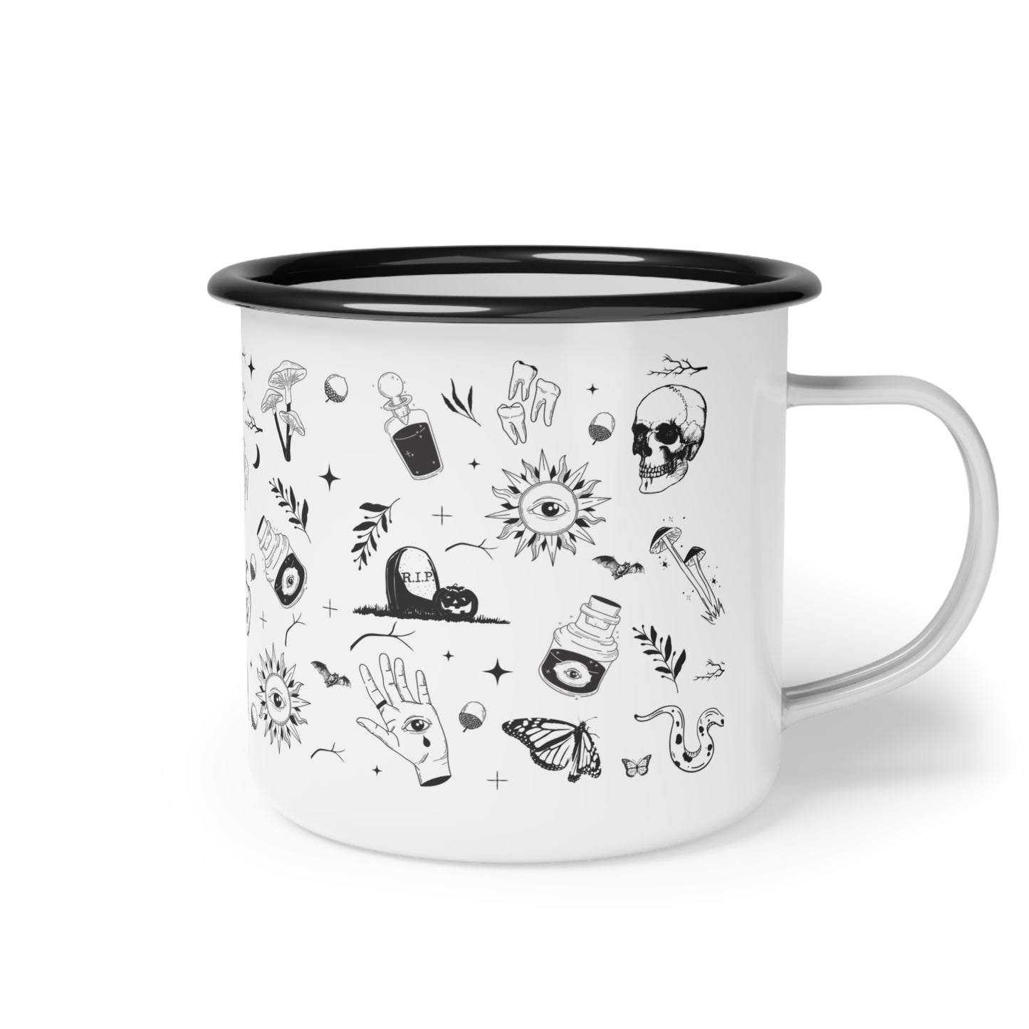 Mystical Skull Enamel Camp Cup – Black Illustration Design