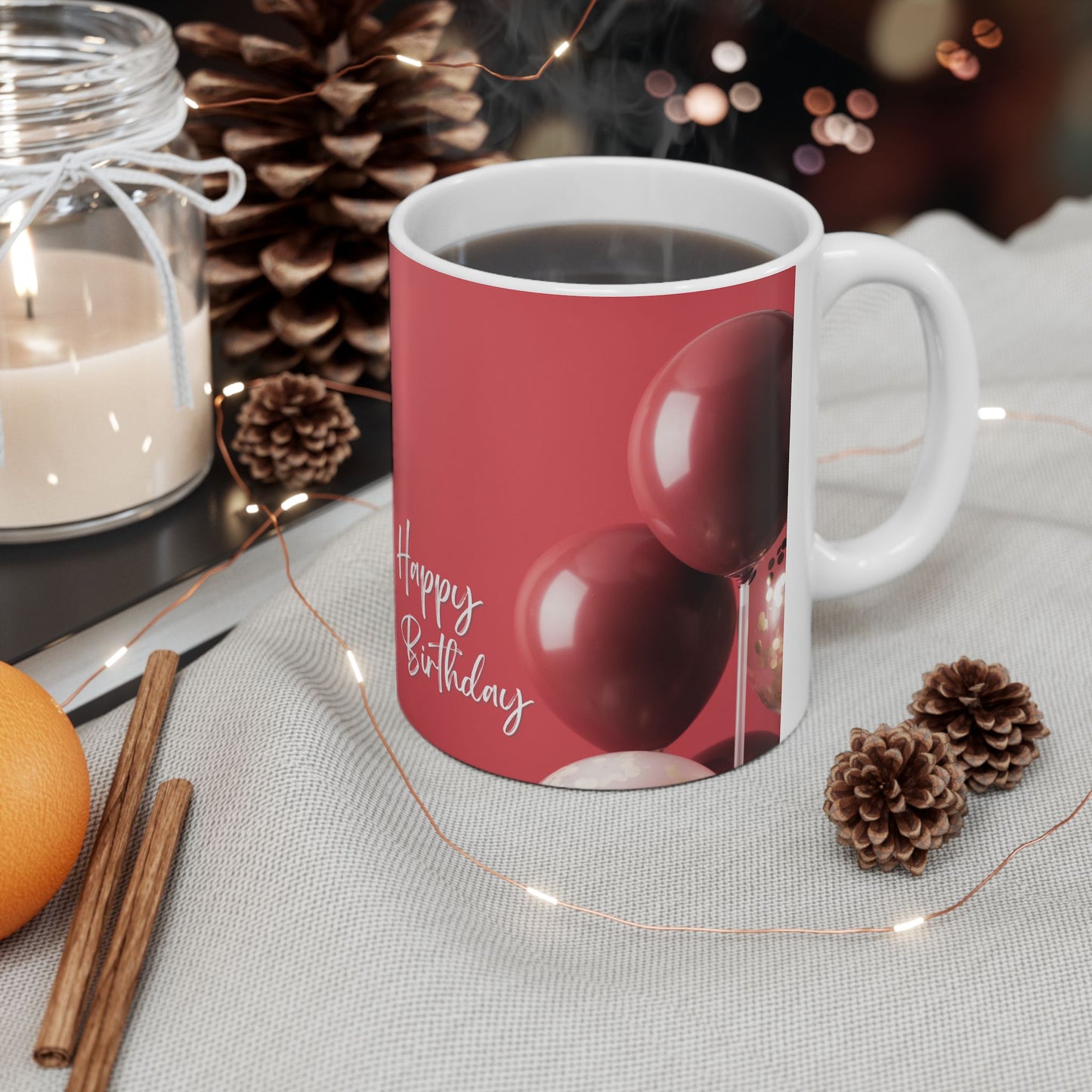 Happy Birthday Mug – Red Ceramic Coffee Cup with Balloon Print & White Script