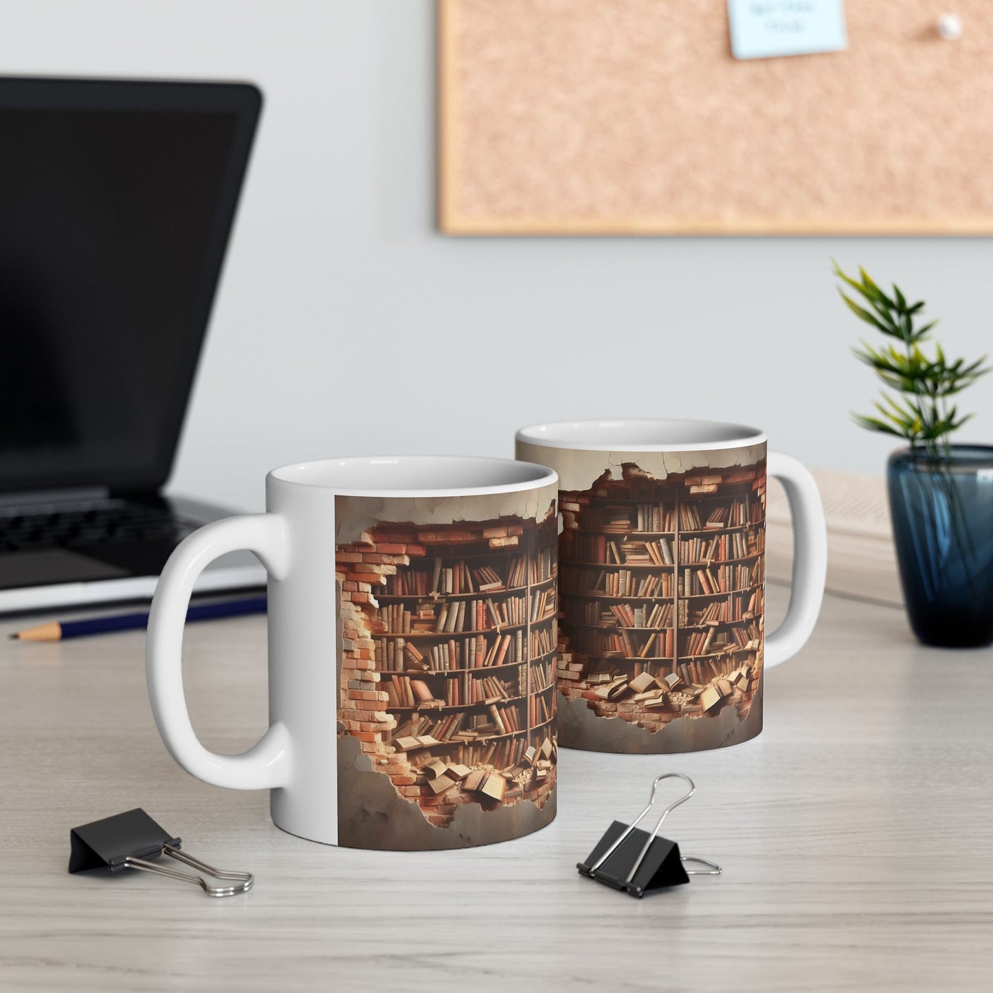 3D Bookshelf Illusion Mug – Unique Library Wall Break Design