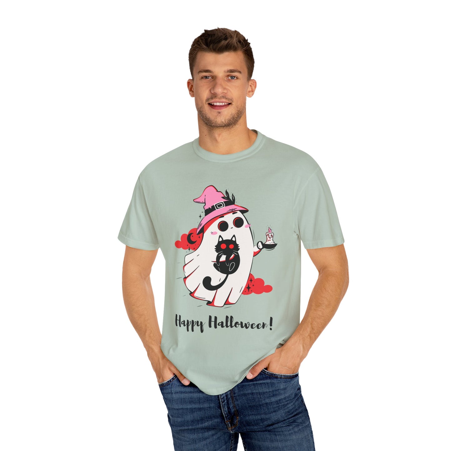 Ghostly Glam T-Shirt - Witchy Whimsy with Cat Companion