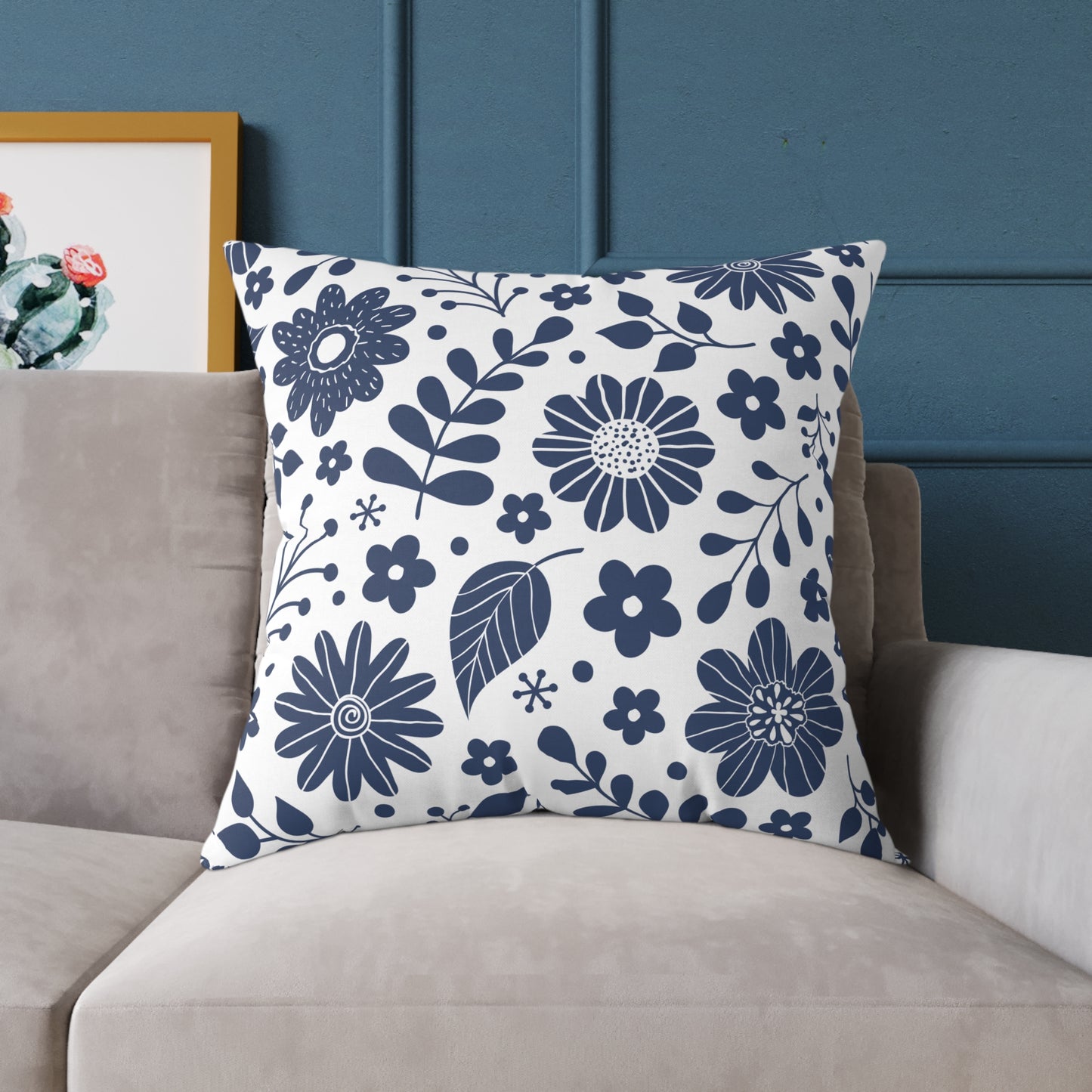 Blue Floral Throw Pillow – Minimalist Botanical Cushion