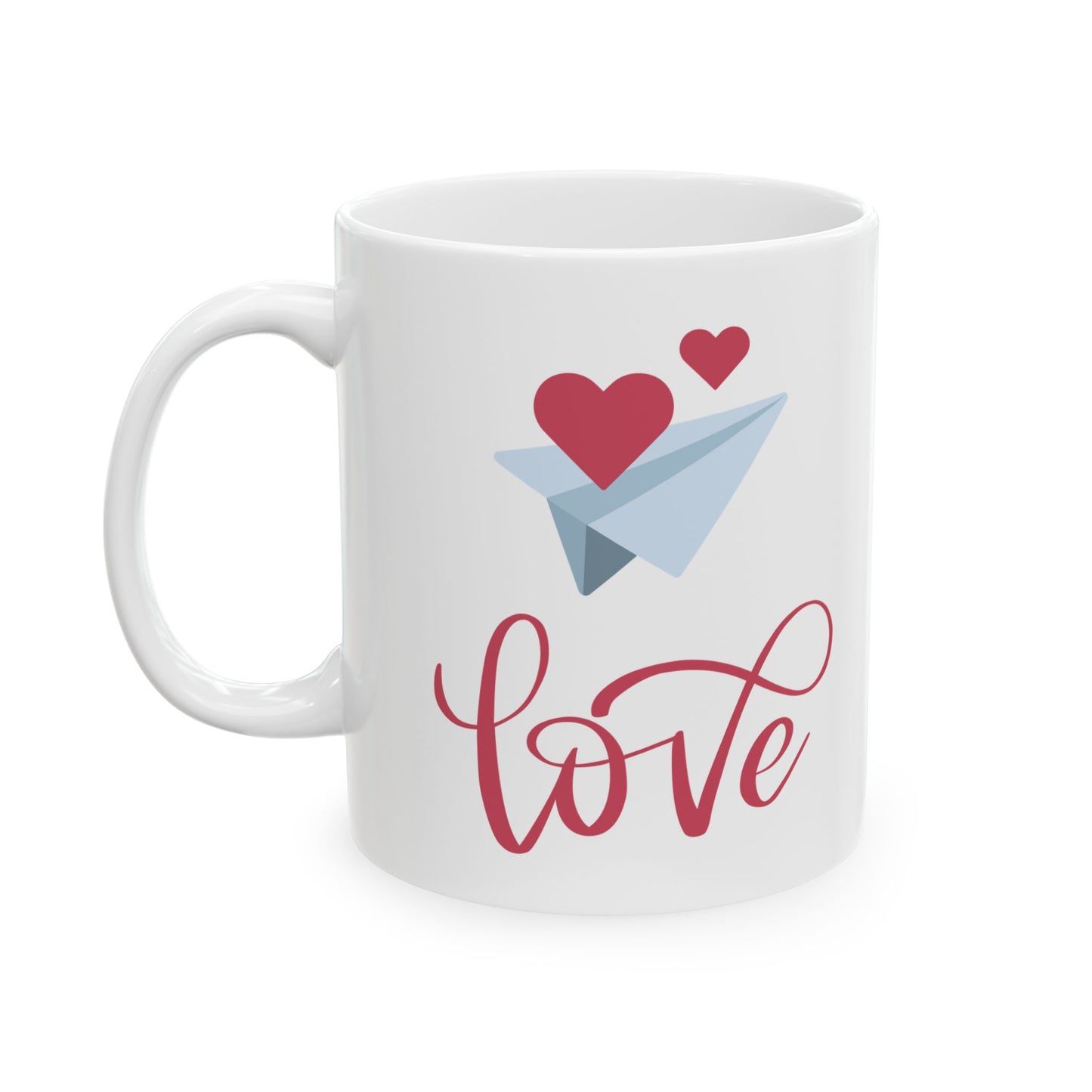 Ceramic Mug with Blue Paper Airplane and Red Heart Design