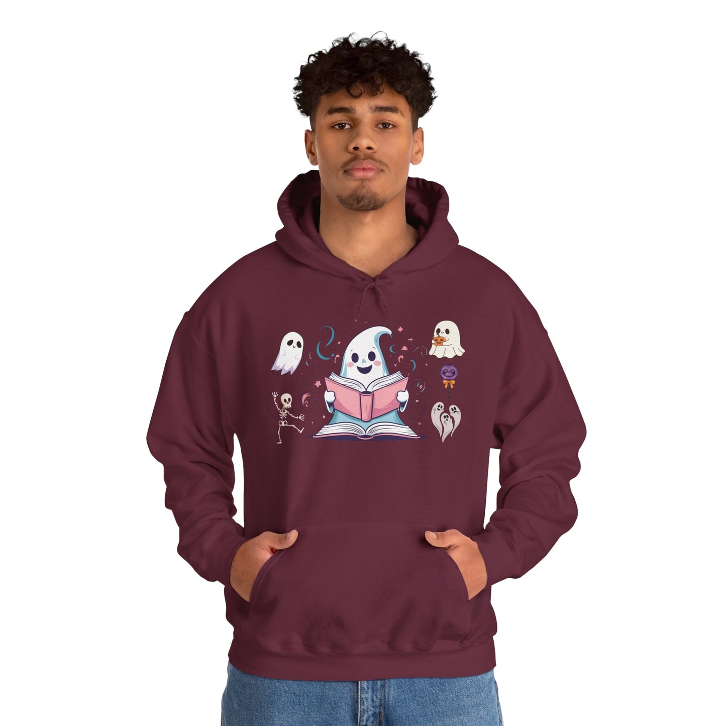 Cute Ghost Reading Hoodie – Whimsical Halloween Sweatshirt for Book Lovers