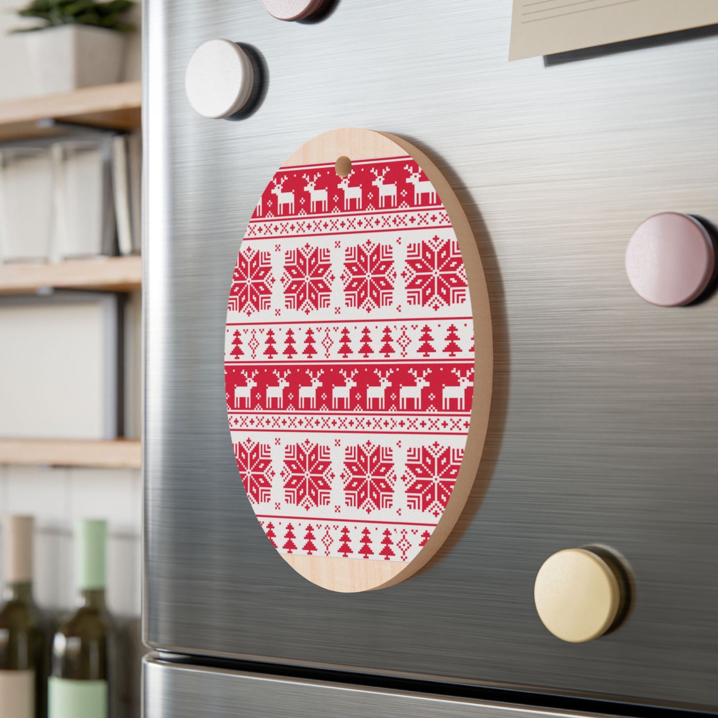 Nordic Bell-Shaped Wooden Ornament – Red & White Reindeer Pattern – Magnetic Holiday Decor with Ribbon