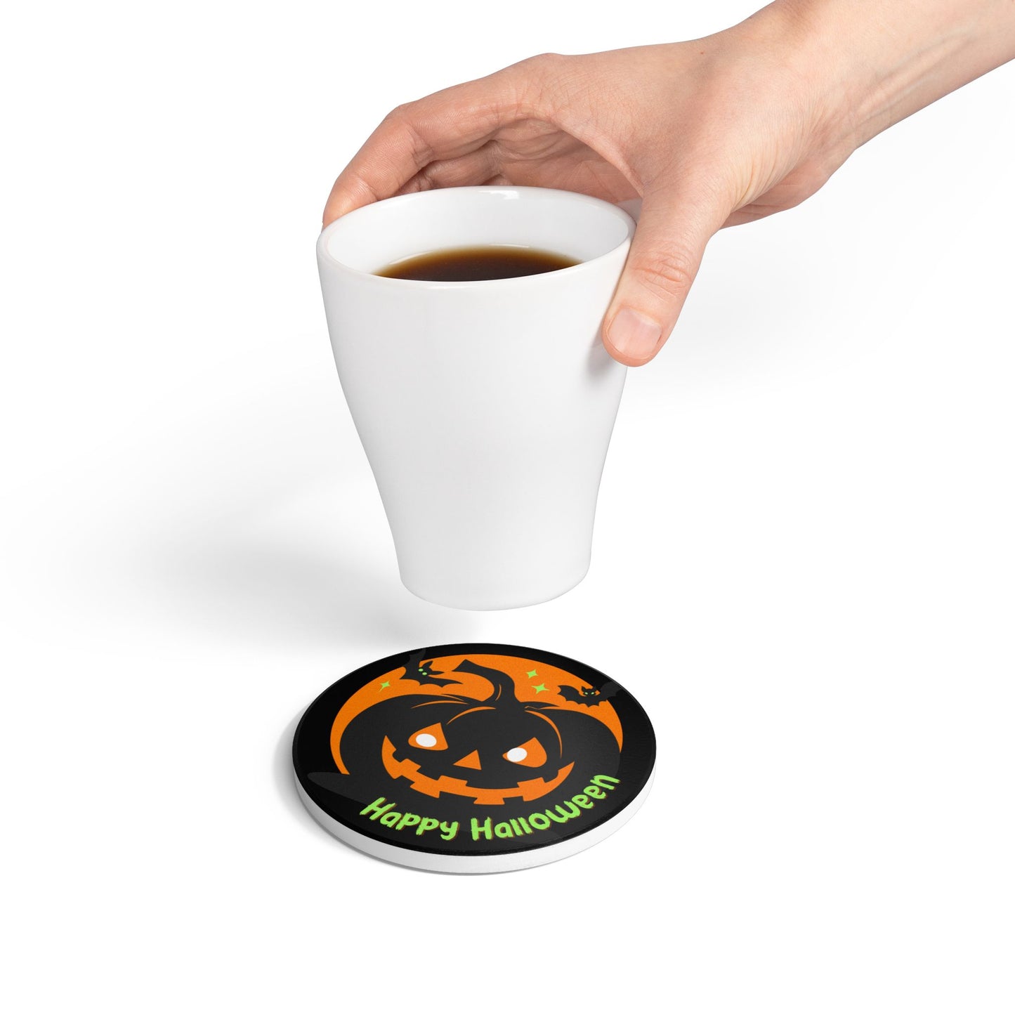 Happy Halloween Ceramic Coaster – Smiling Jack-O’-Lantern with Bats and Stars