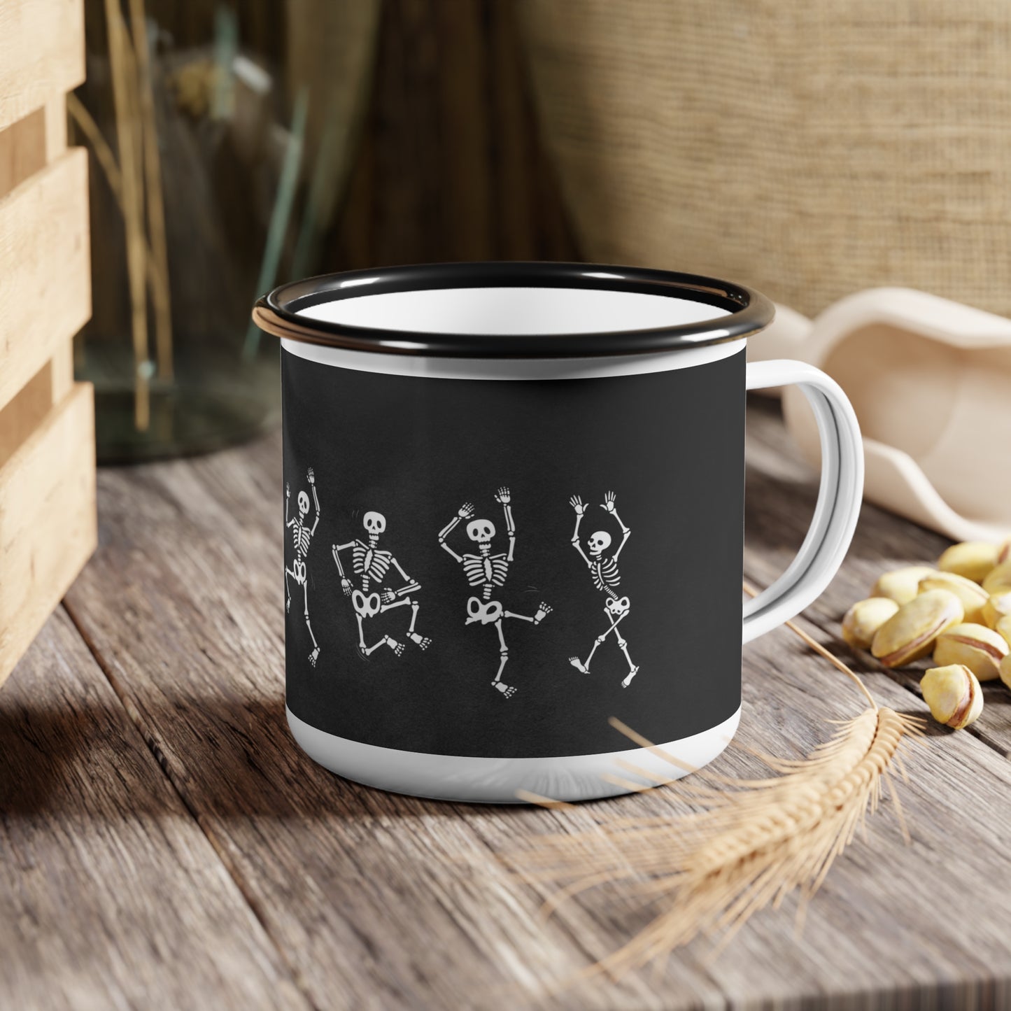 Dancing Skeletons Enamel Camp Cup – Whimsical Halloween Design