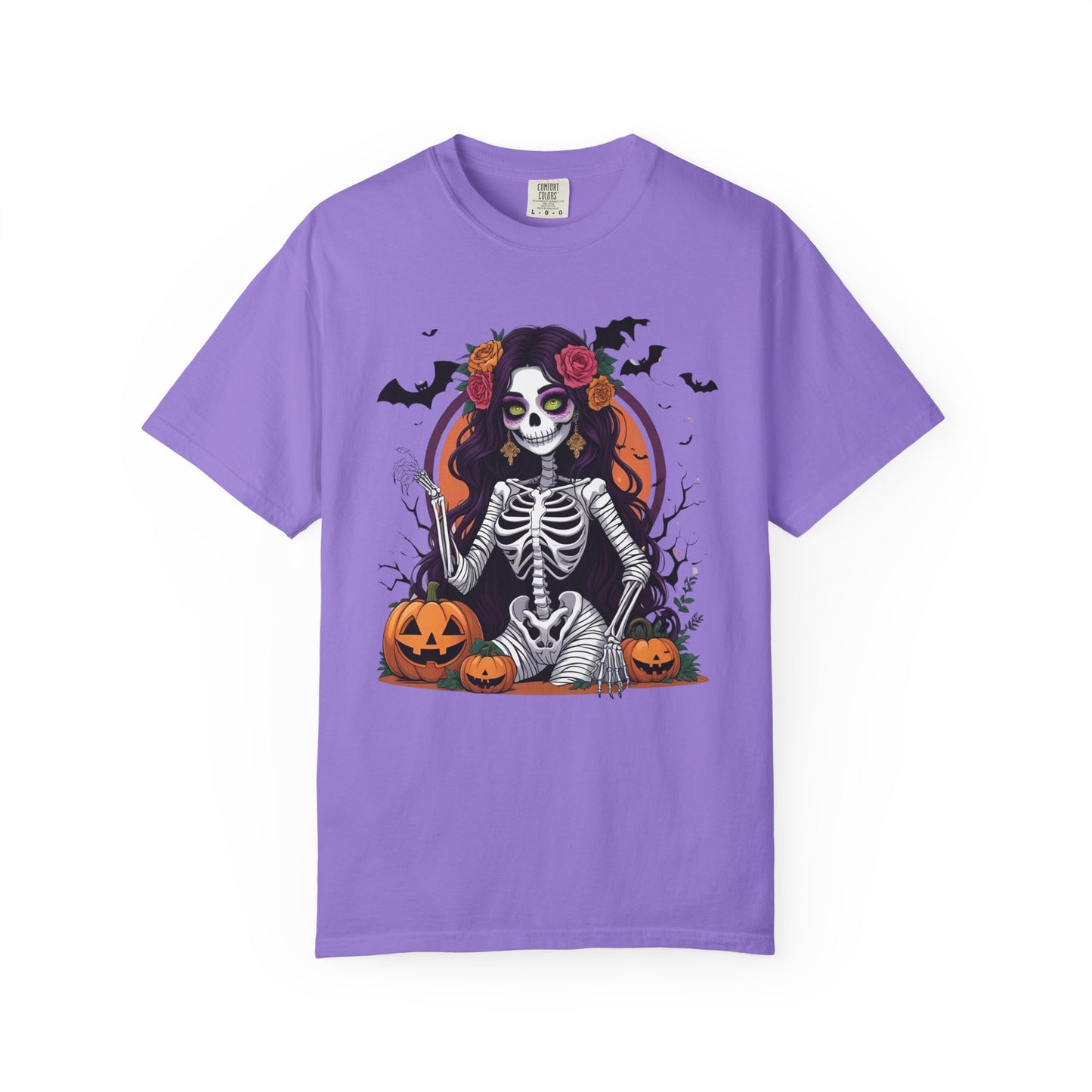 Sitting Skeleton Girl Tee – Gothic Halloween Shirt with Floral Crown