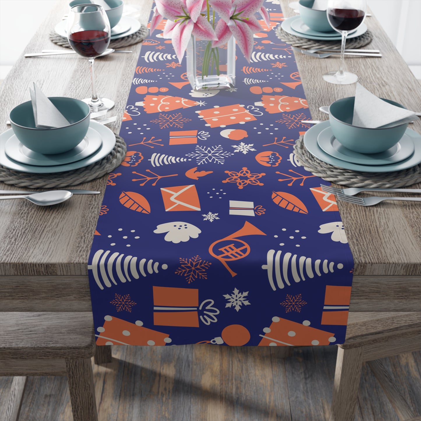 Christmas Table Runner, Navy Blue Background with Orange and White Trees Gifts and Snowflakes, Festive Holiday Dining Decor