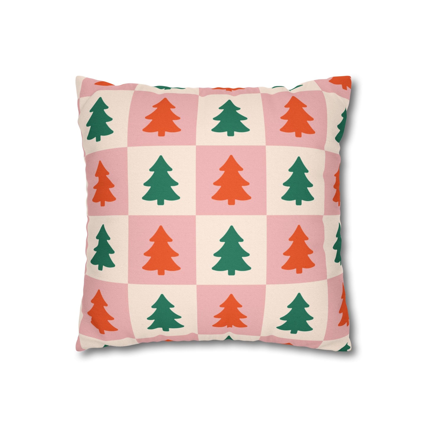 Square Pillowcase - Christmas Tree Checkered Throw Pillow - Pink & White Holiday Cushion