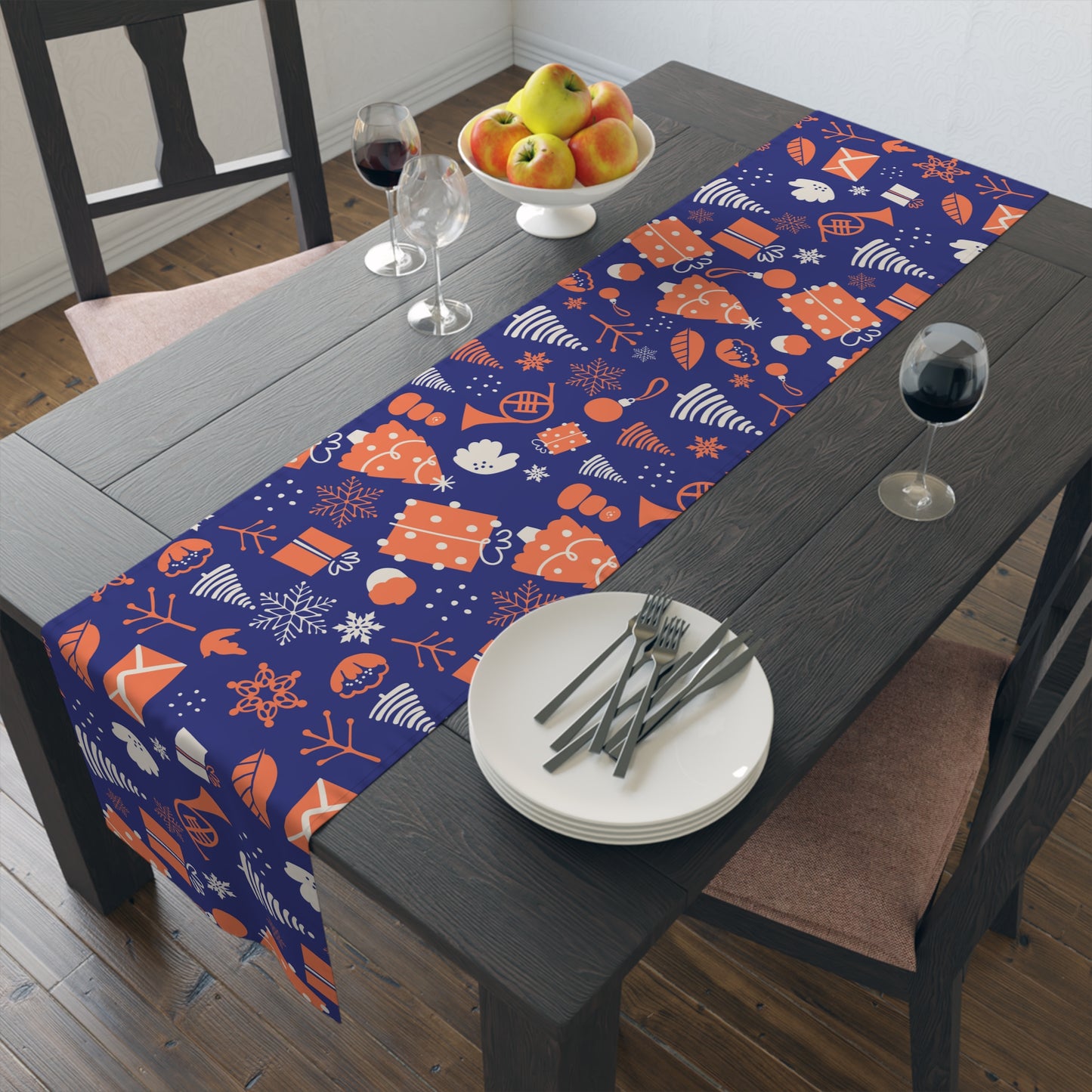 Christmas Table Runner, Navy Blue Background with Orange and White Trees Gifts and Snowflakes, Festive Holiday Dining Decor