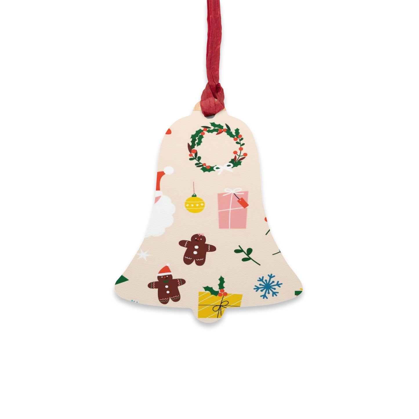 Wooden Bell Ornament – Green Christmas Design with Wreaths, Gingerbread & Santa Hat – Rustic Holiday Décor with Magnetic Back
