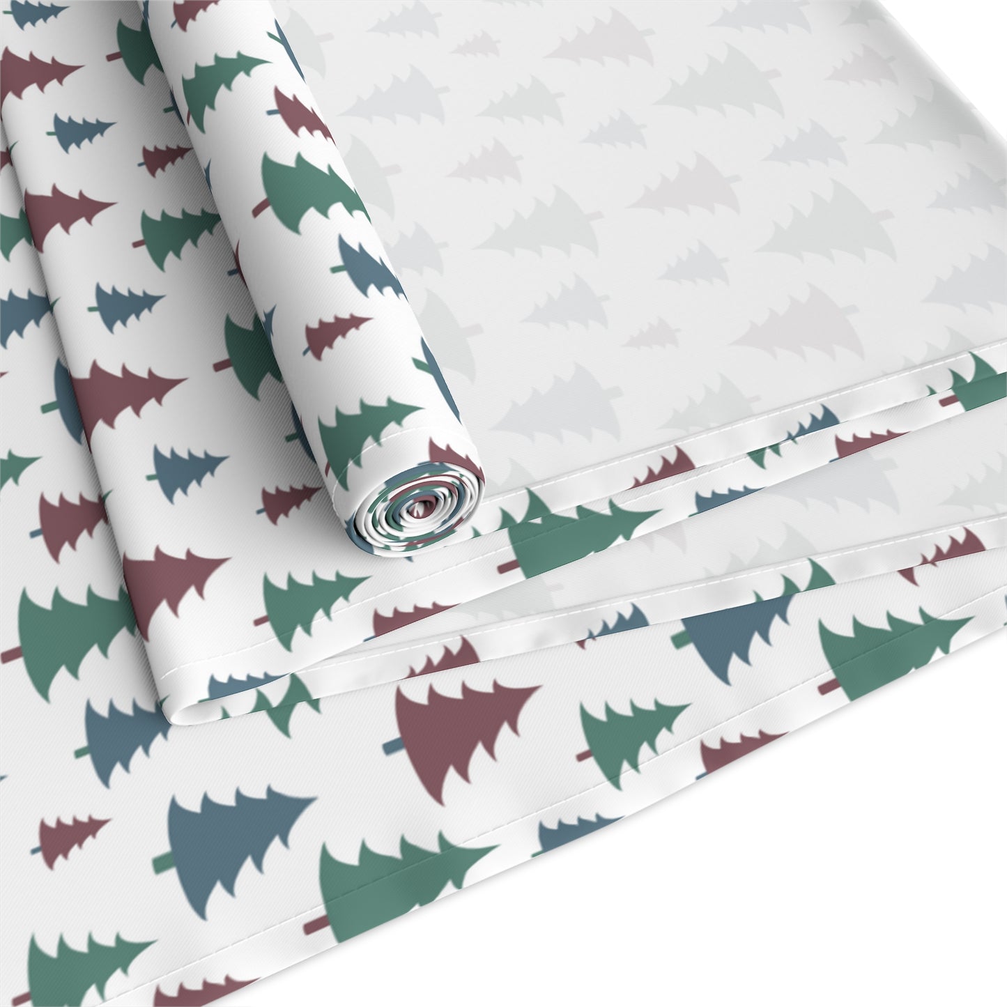 Christmas Table Runner, Green Pine Tree Pattern, Festive Holiday Dining Decor, White Background, Seasonal Table Linen