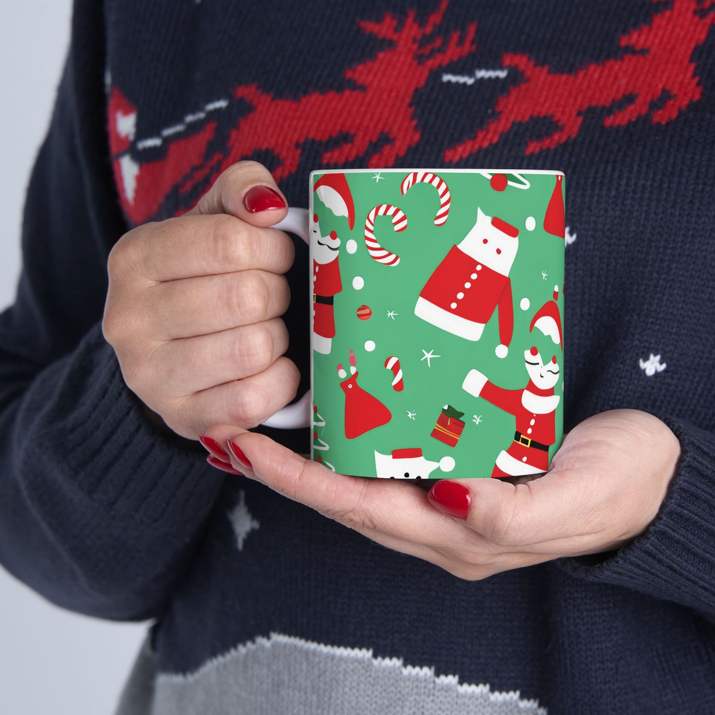 Ceramic Mug – Green Christmas Design with Santa, Candy Canes & Gifts – Holiday Gift for Coffee & Cocoa Lovers