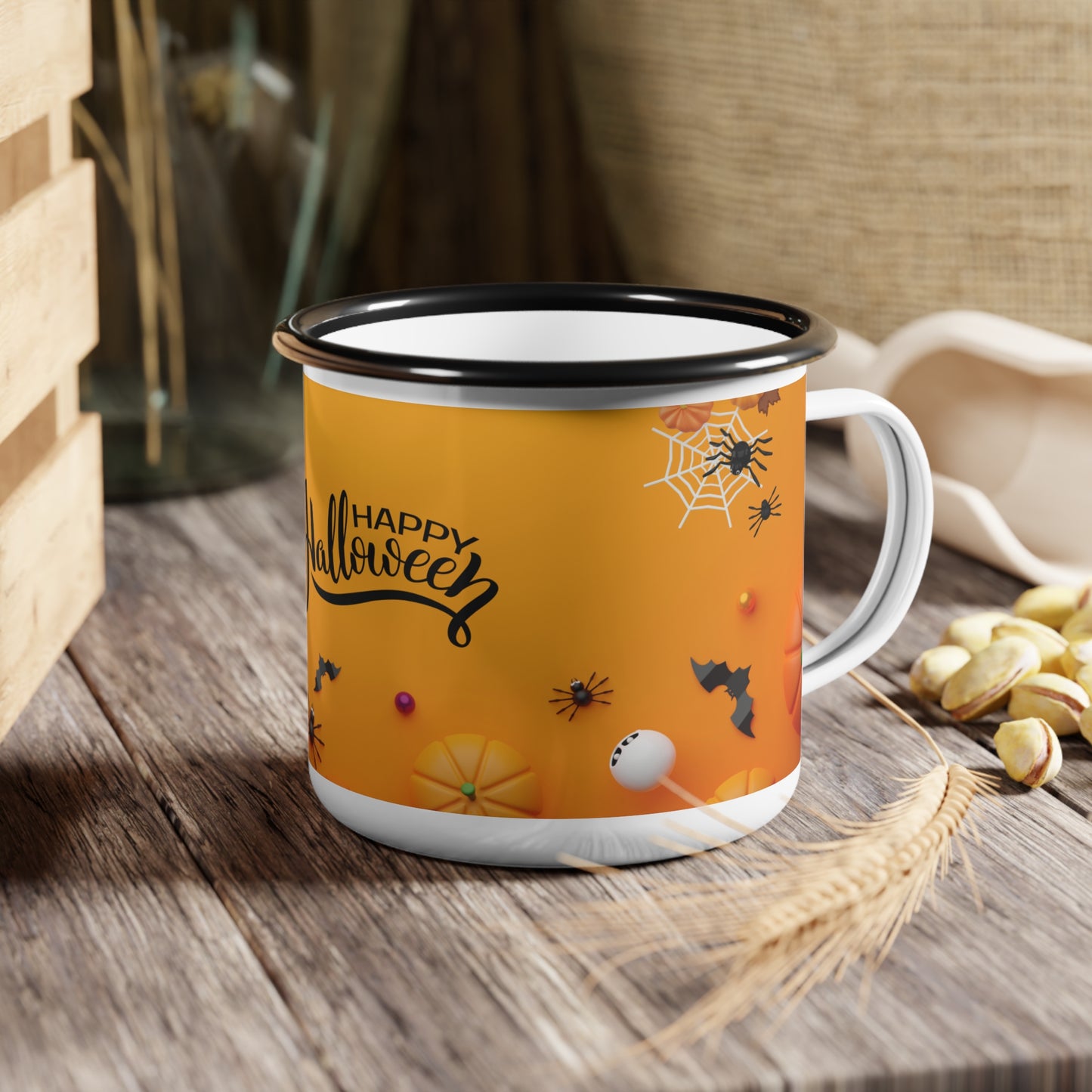 Halloween Enamel Camp Cup – Spooky Orange Design with Ghosts and Pumpkins