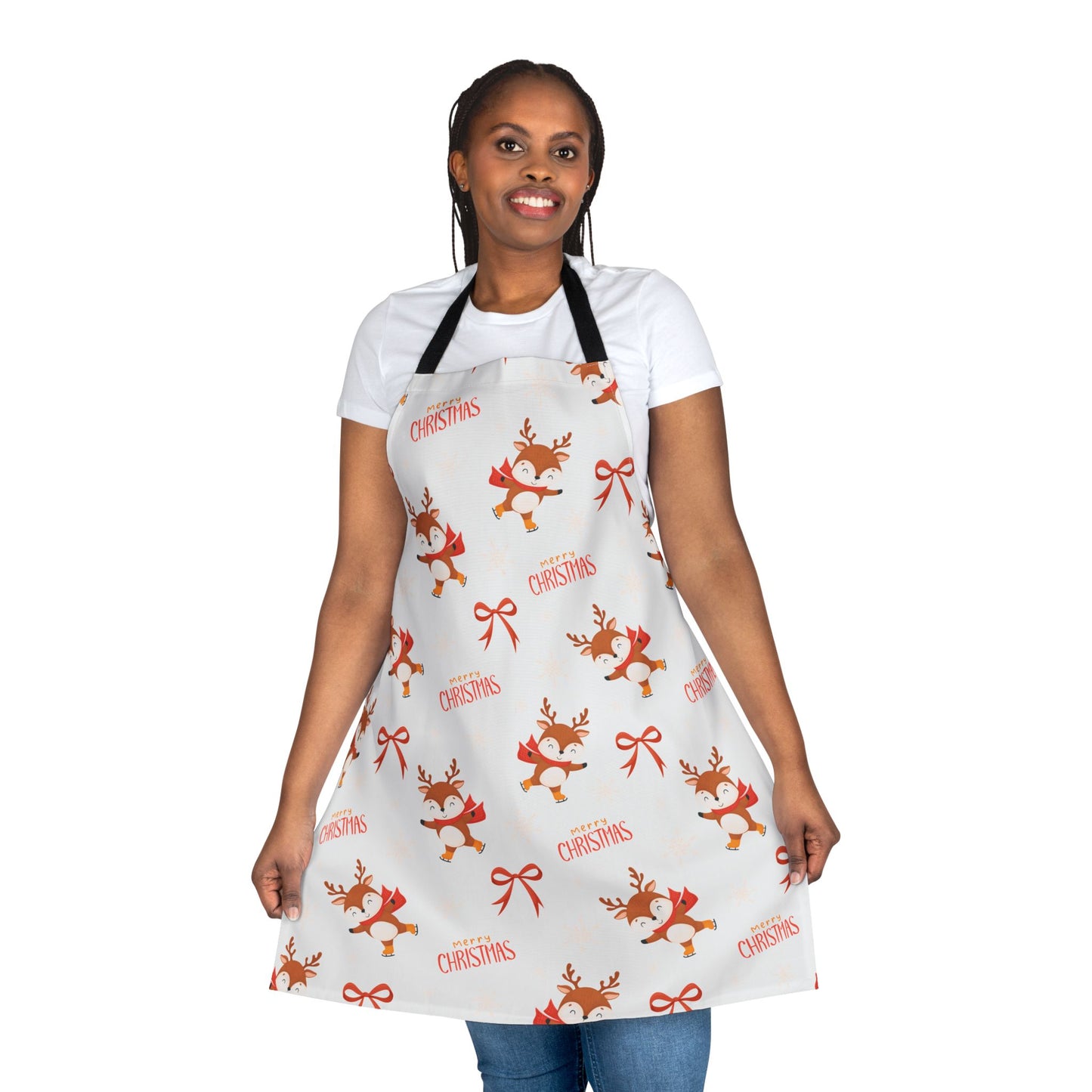 Festive Christmas Apron with Cartoon Reindeer, Red Bows, and Merry Christmas Text