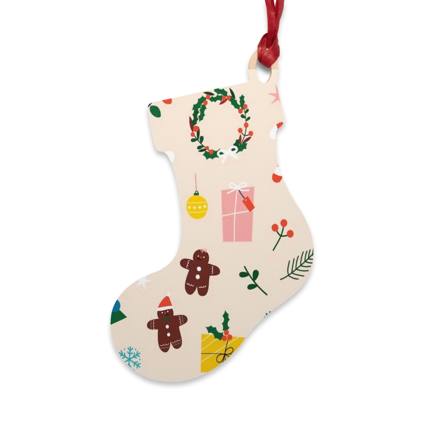 Wooden Bell Ornament – Green Christmas Design with Wreaths, Gingerbread & Santa Hat – Rustic Holiday Décor with Magnetic Back