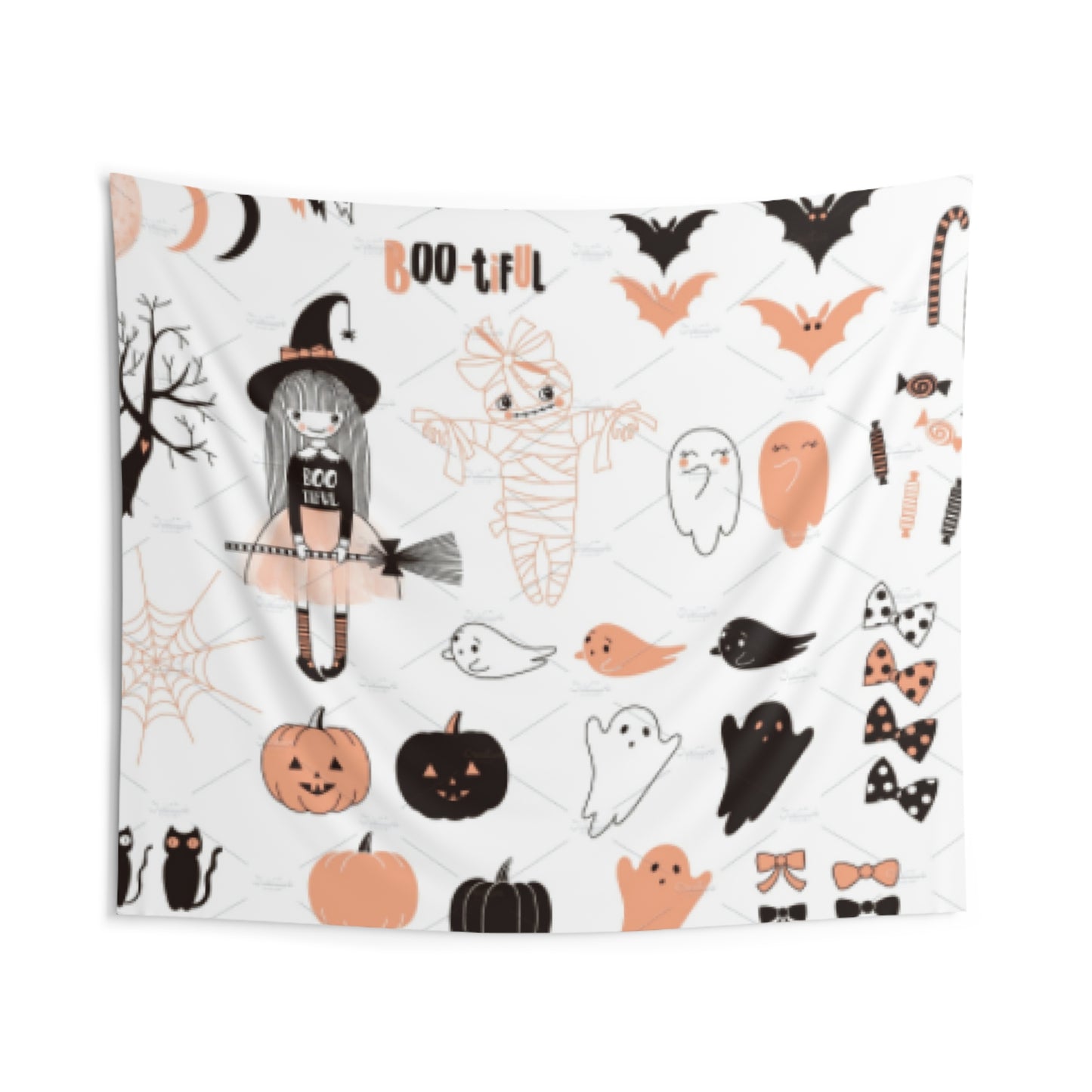 Halloween Wall Tapestry – “BOO-tiful” Witch & Ghosts Design – Fun Spooky Decor