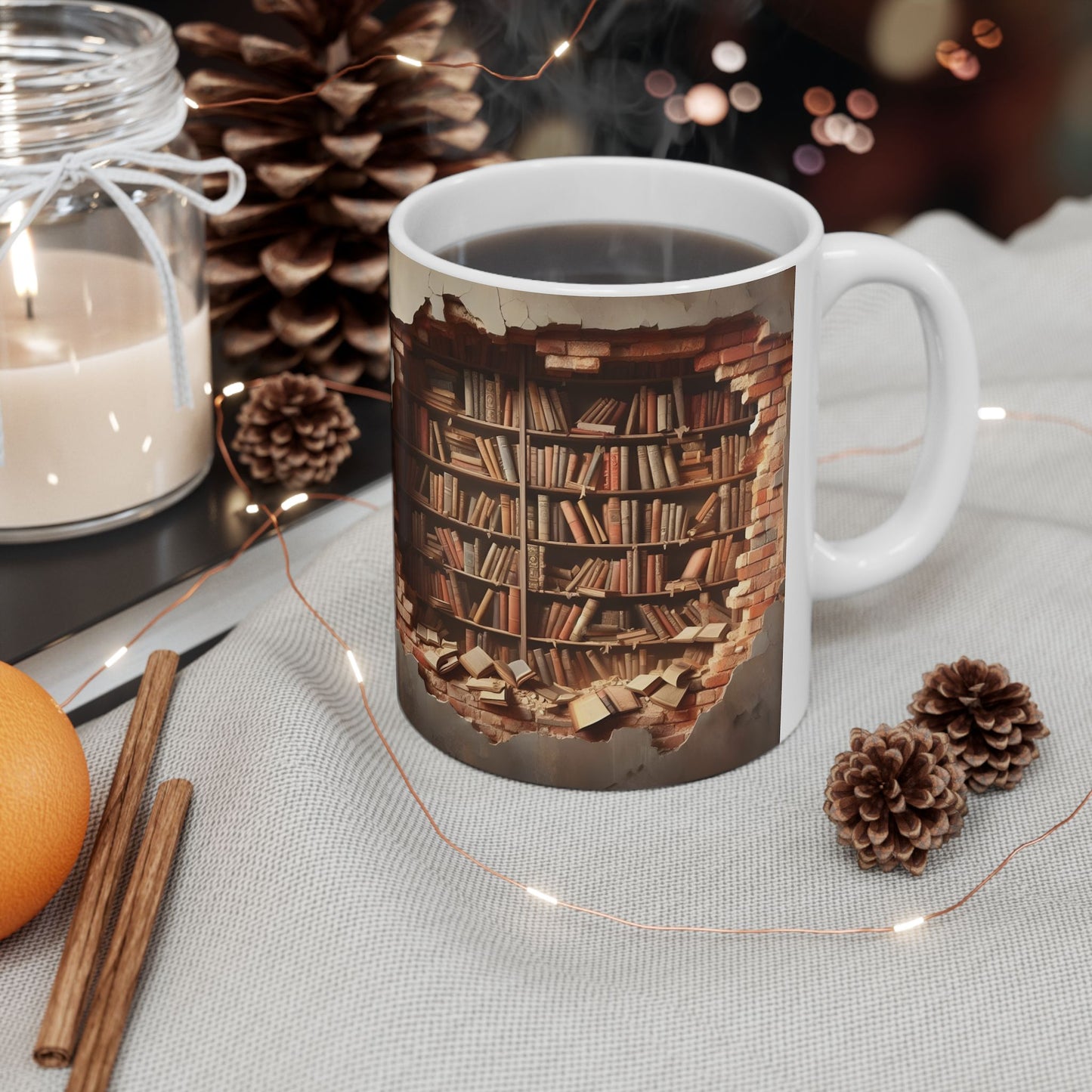 3D Bookshelf Illusion Mug – Unique Library Wall Break Design
