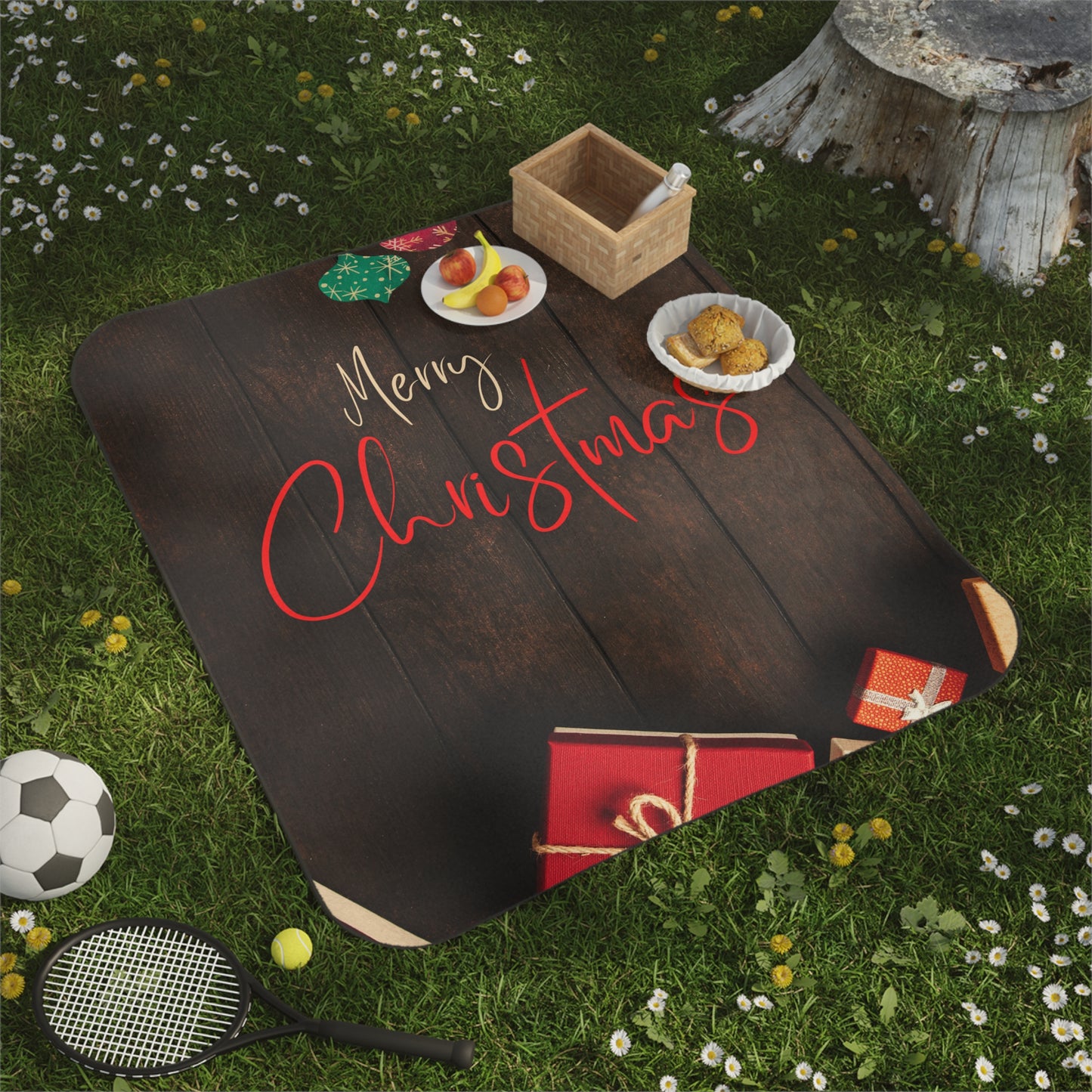 Merry Christmas Printed Picnic Blanket, Coffee