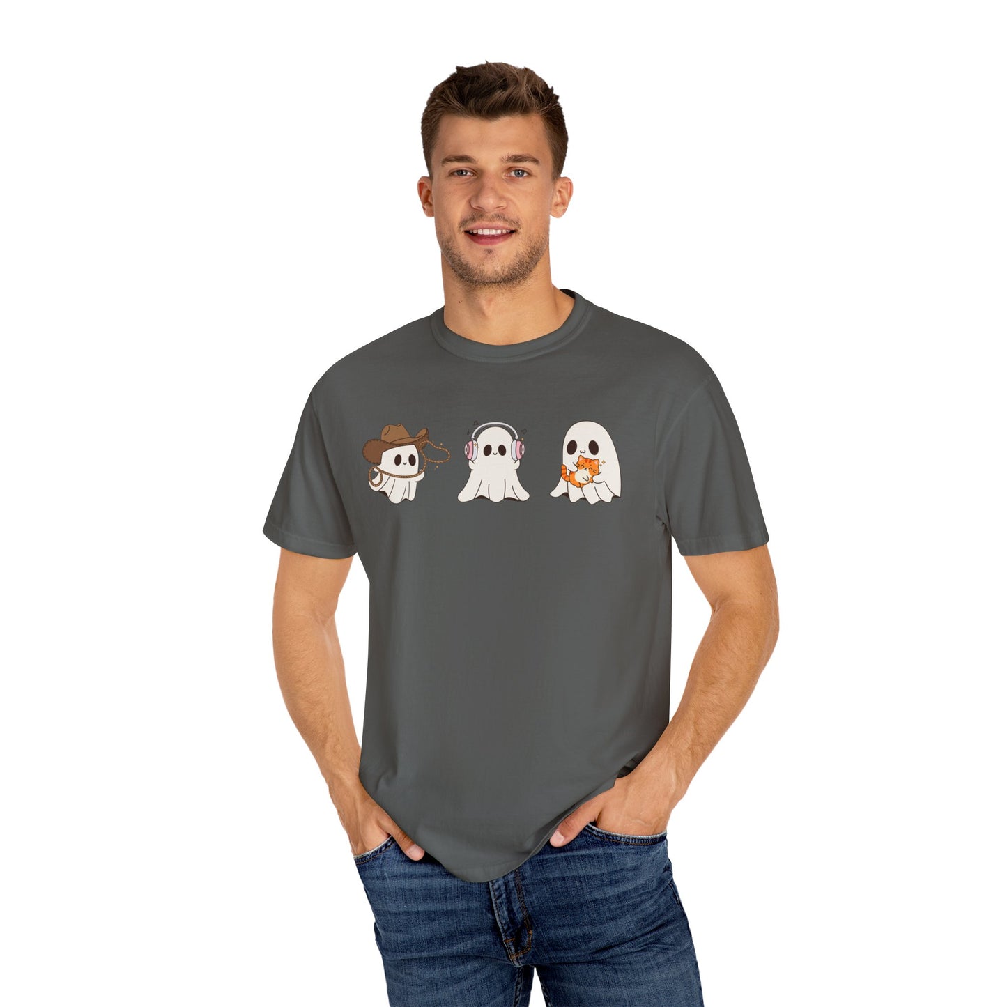 Halloween Ghost Trio T-Shirt – Purple Unisex Tee for Spooky Season & Costume Parties