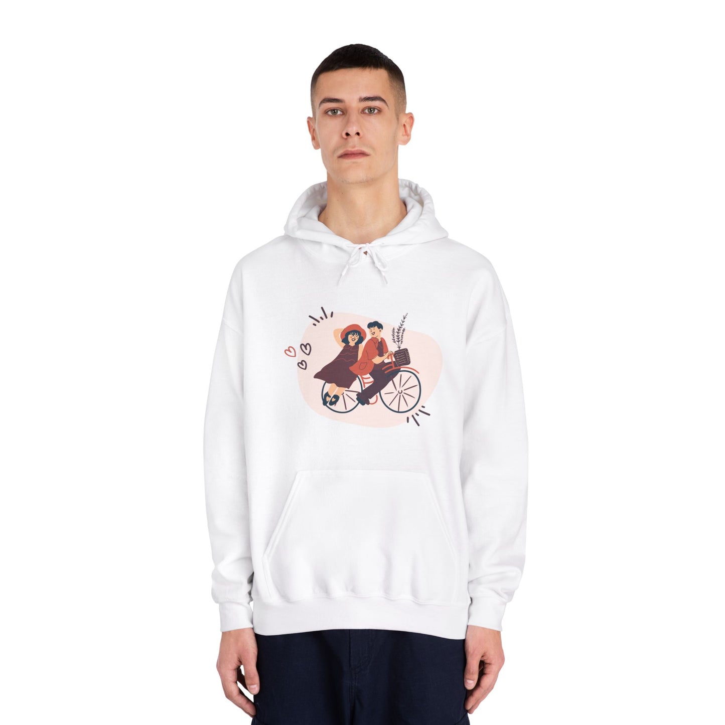 Couple on Cycle Printed Unisex DryBlend® Hooded Sweatshirt for Valentine