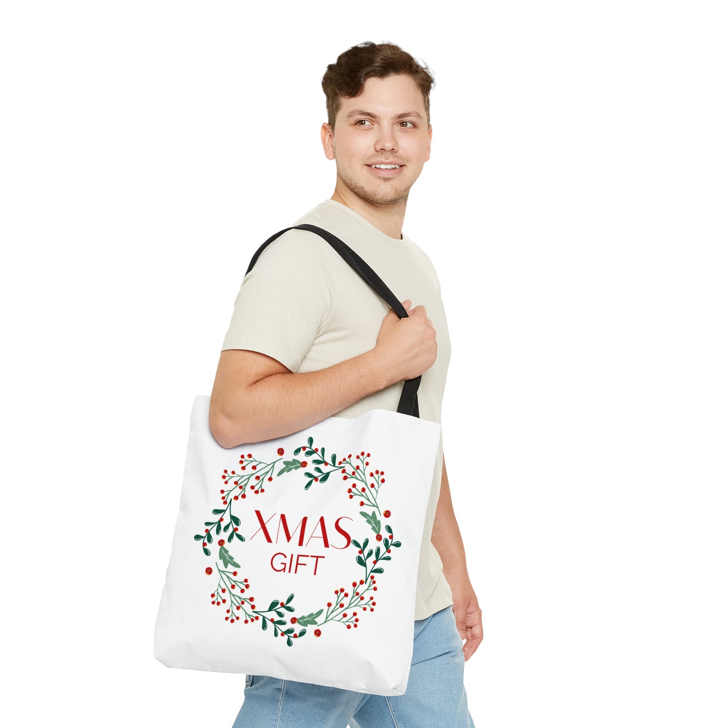 Christmas Tote Bag with “XMAS GIFT” Wreath Design – Durable All-Over Print Holiday Carryall in 3 Sizes