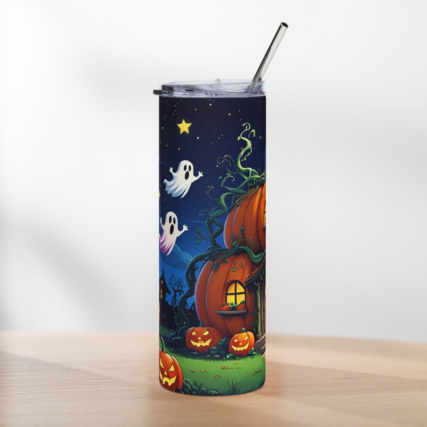 Pumpkin House Halloween Tumbler – Whimsical Night Garden Design