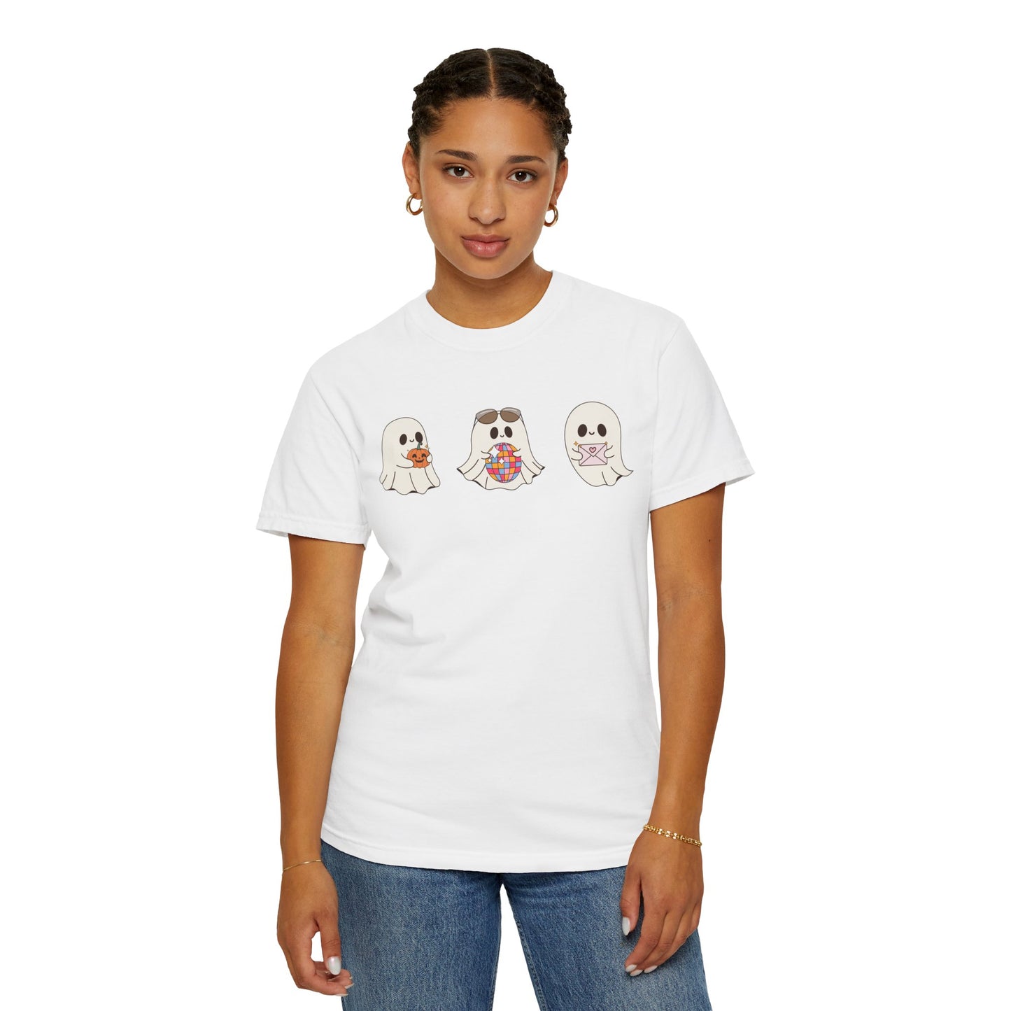 Three Cute Ghosts with Pumpkin, Trick or Treat Party Outfit – October Holiday Shirt