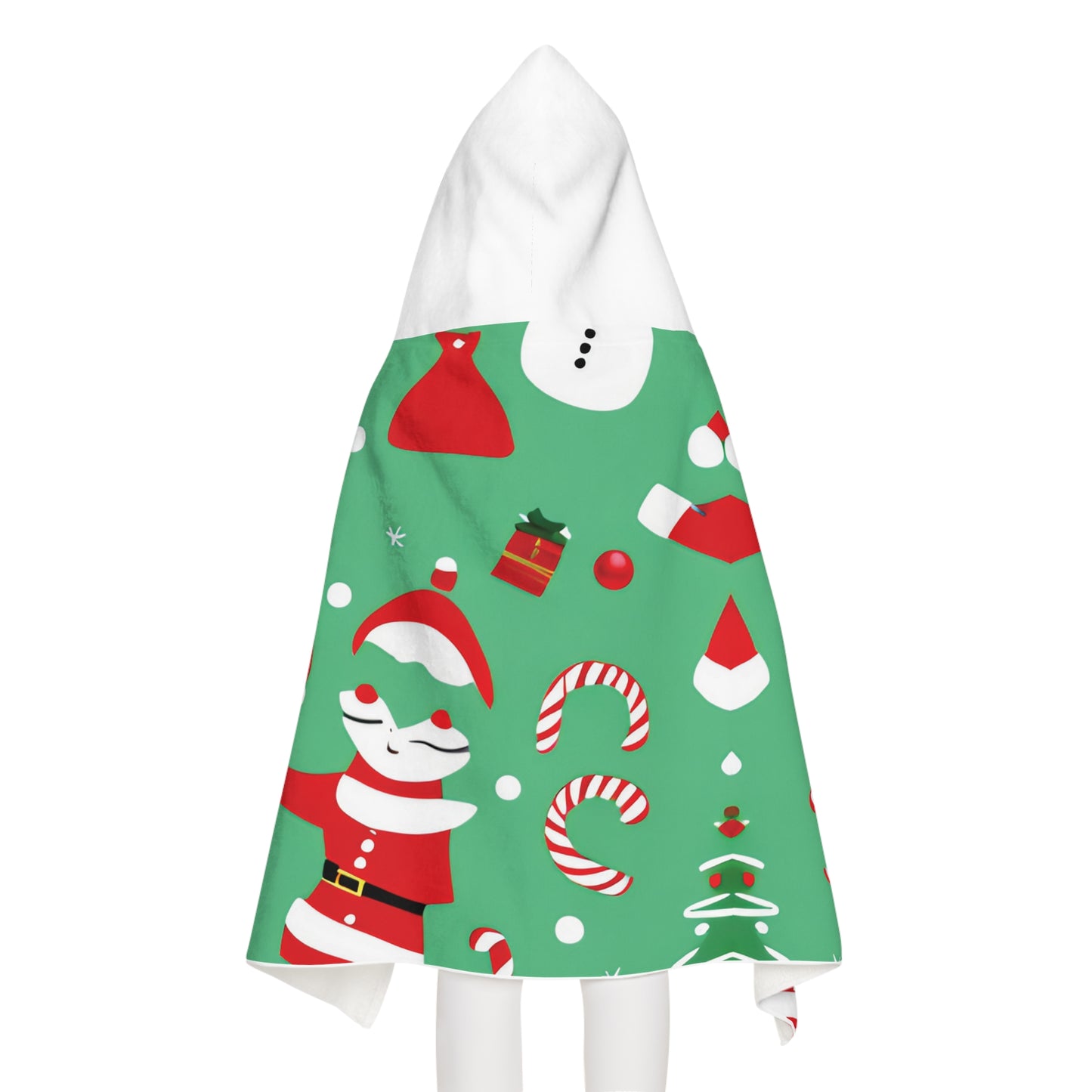 Kids’ Towel Hoodie – Green Christmas Design with Santa, Snowmen & Candy Canes – Soft Holiday Bath & Beach Wrap