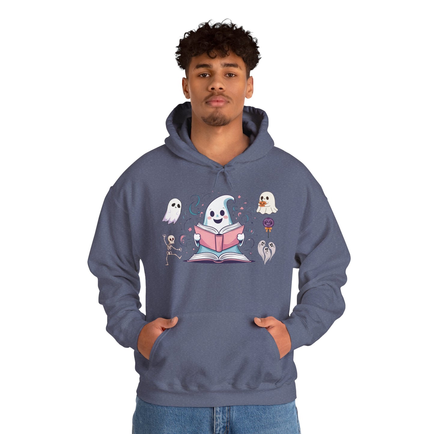 Cute Ghost Reading Hoodie – Whimsical Halloween Sweatshirt for Book Lovers