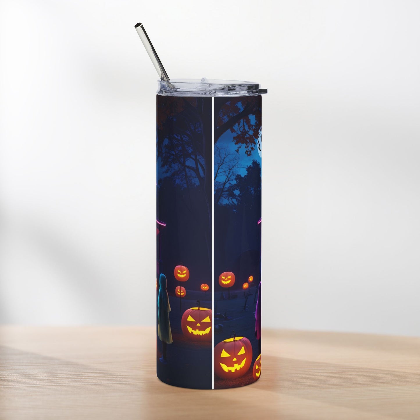 Neon Haunted House Halloween Tumbler – Glowing Windows & Pumpkin Parade