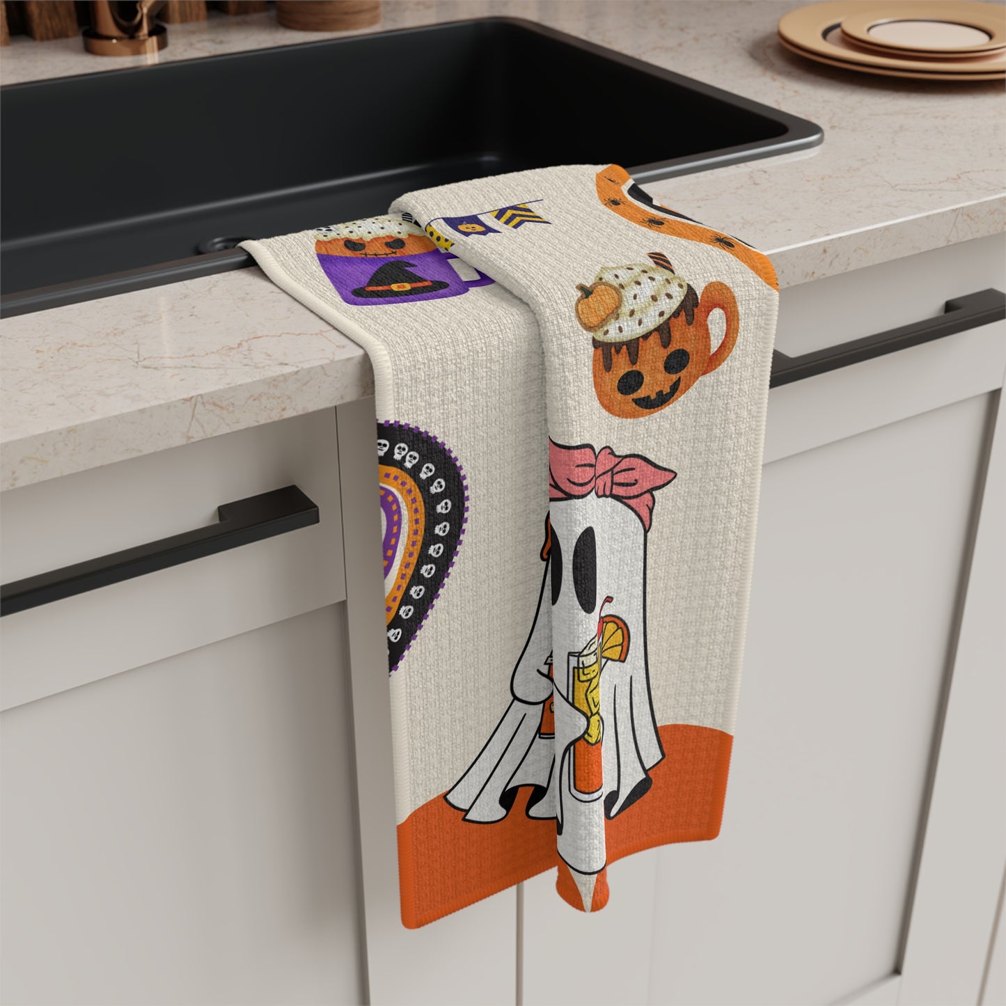 Cute Ghosts Halloween Tea Towel – Pumpkin, Bats, and Witch Hat Design
