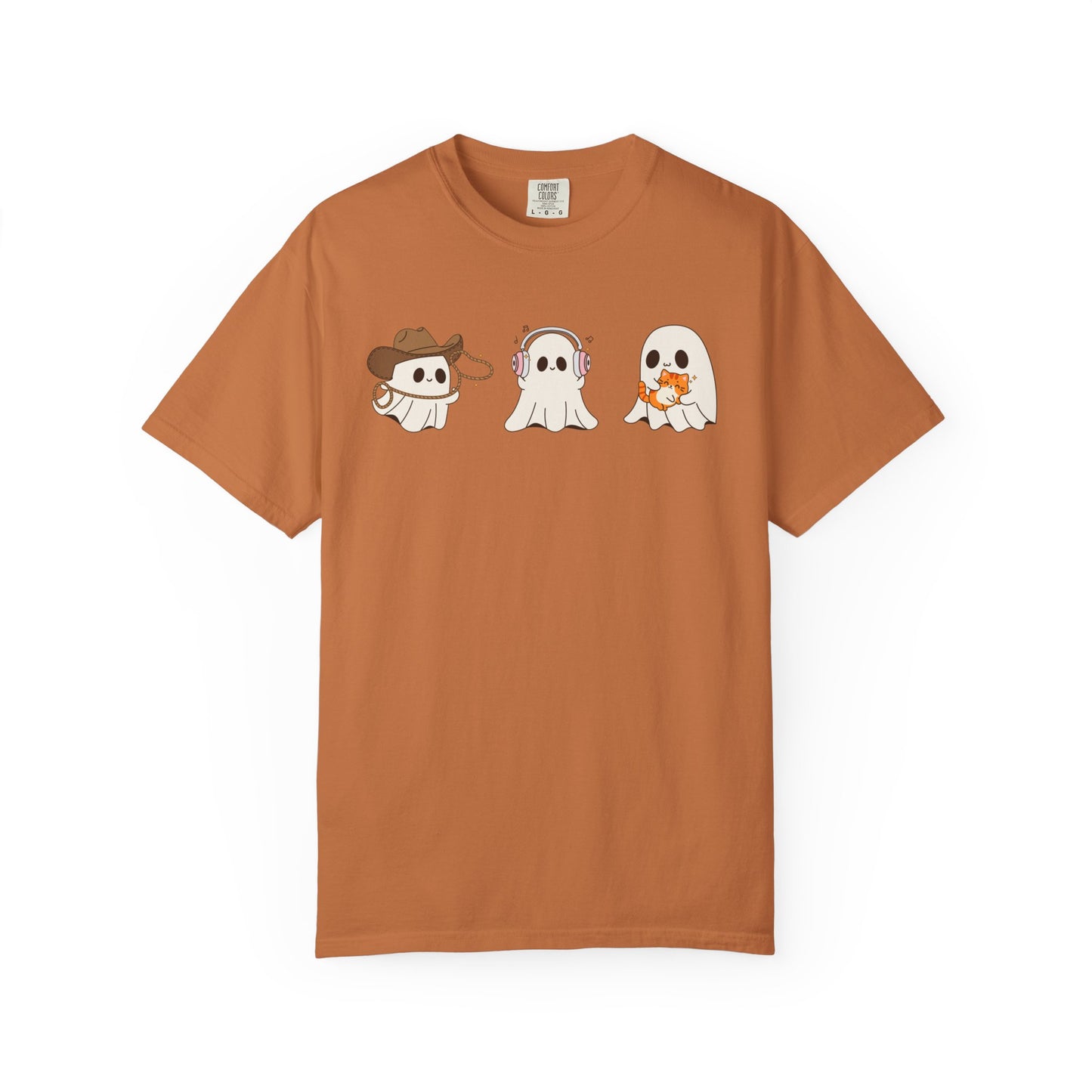 Halloween Ghost Trio T-Shirt – Purple Unisex Tee for Spooky Season & Costume Parties