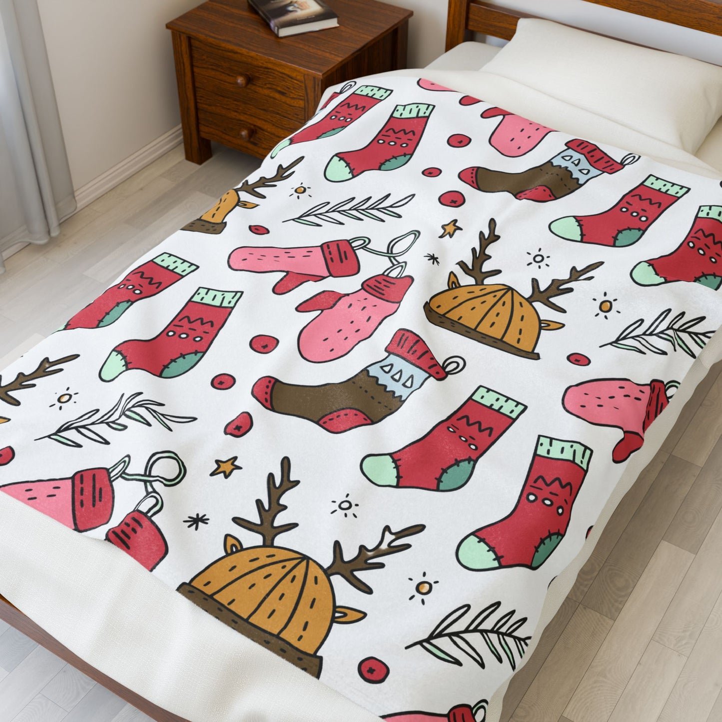 Holiday Print Velveteen Plush Blanket – Reindeer, Mittens & Stockings Design