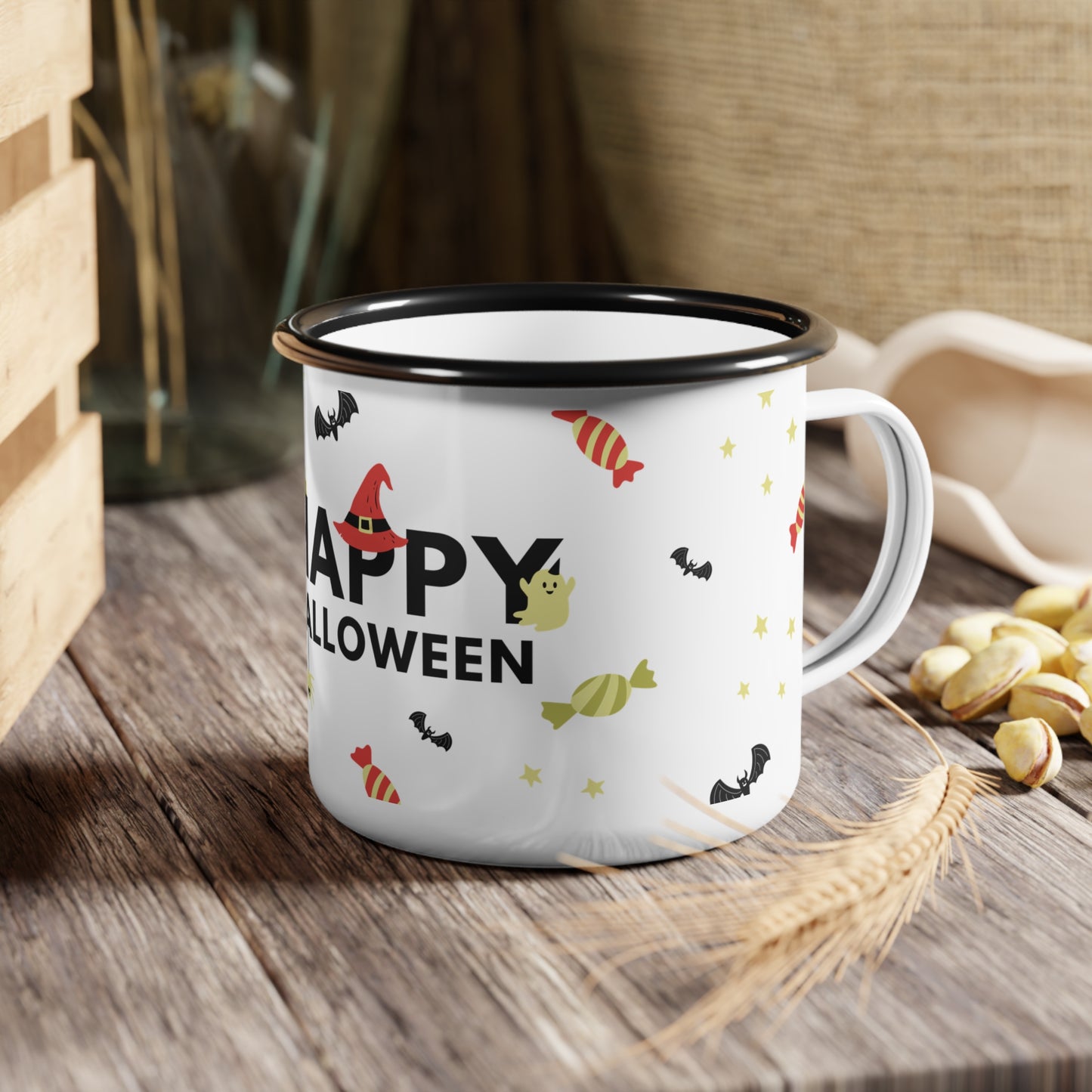 Happy Halloween Enamel Camp Cup – Playful Witch, Ghosts, and Candy Design