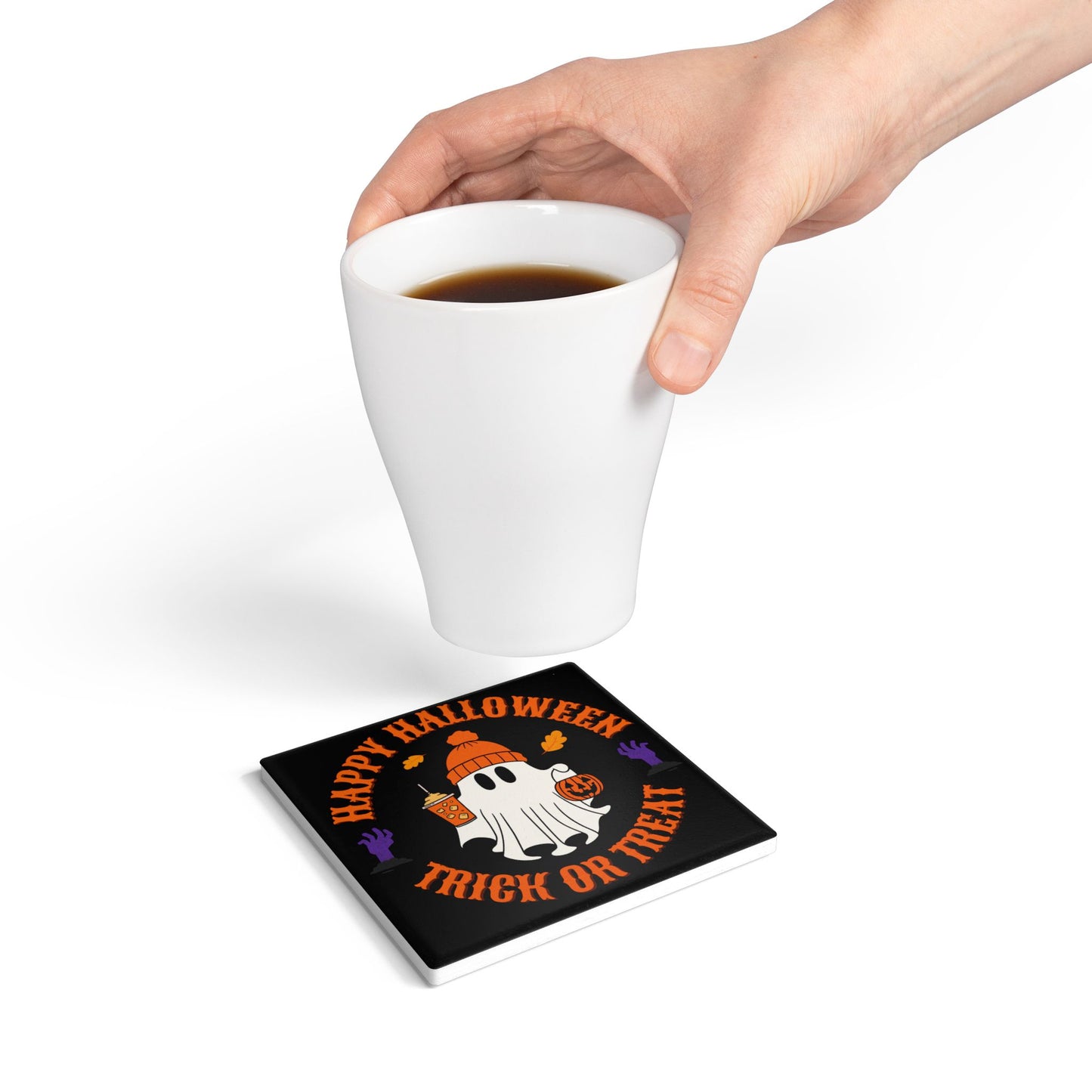 Happy Halloween Ceramic Coaster – Cute Ghost with Pumpkin and Trick or Treat Text