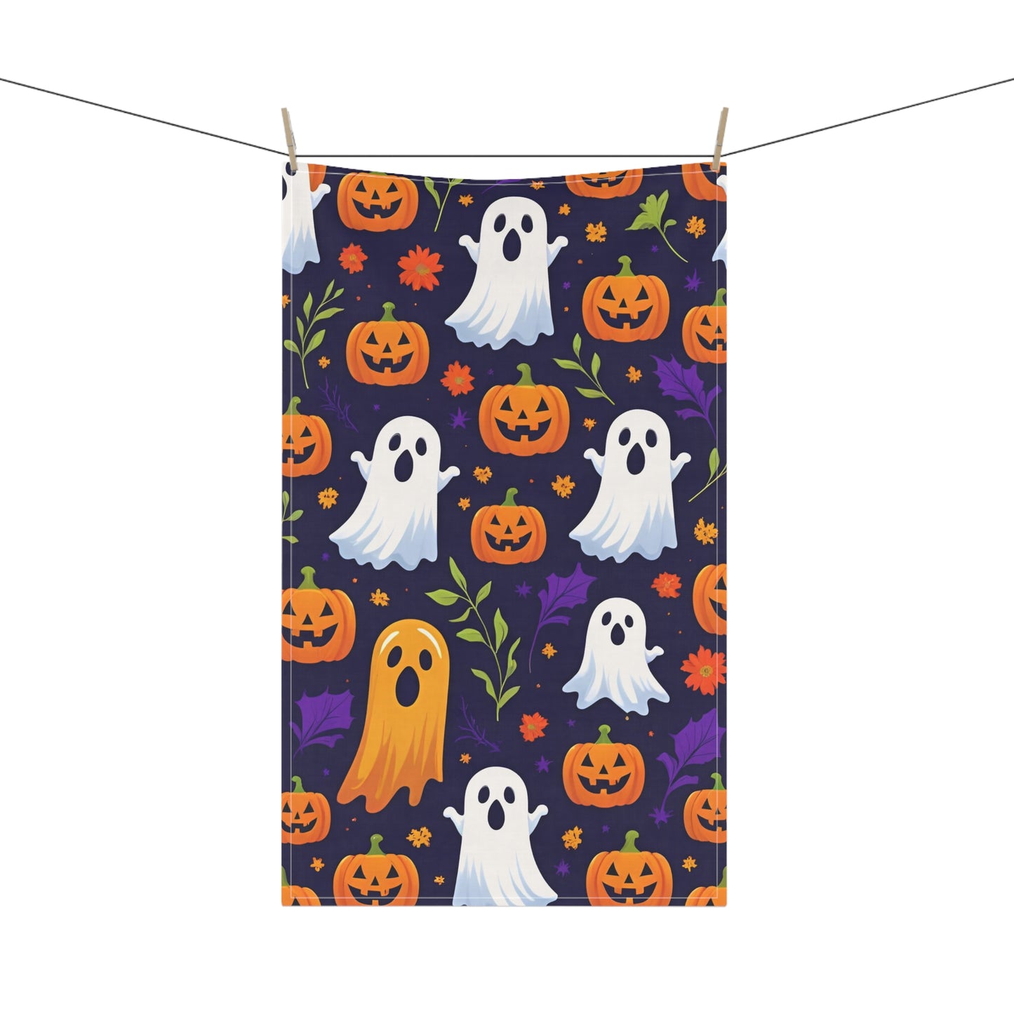 Playful Ghosts and Jack-O’-Lanterns Halloween Tea Towel – Navy Blue Floral Design