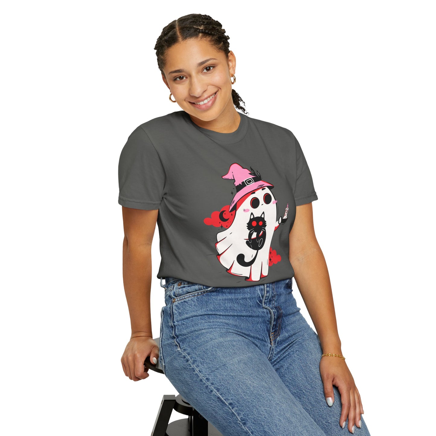 Ghostly Glam T-Shirt - Witchy Whimsy with Cat Companion
