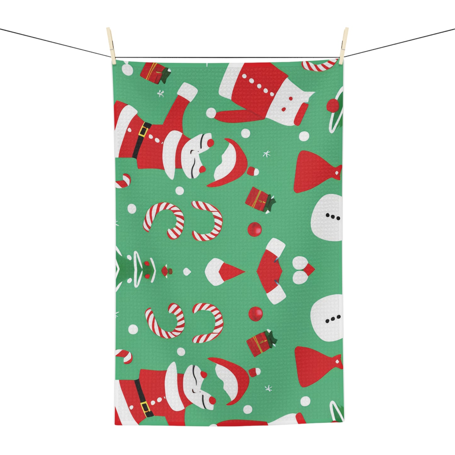 Tea Towel – Green Christmas Design with Santa, Candy Canes & Snowflakes – Festive Kitchen Decor & Gift