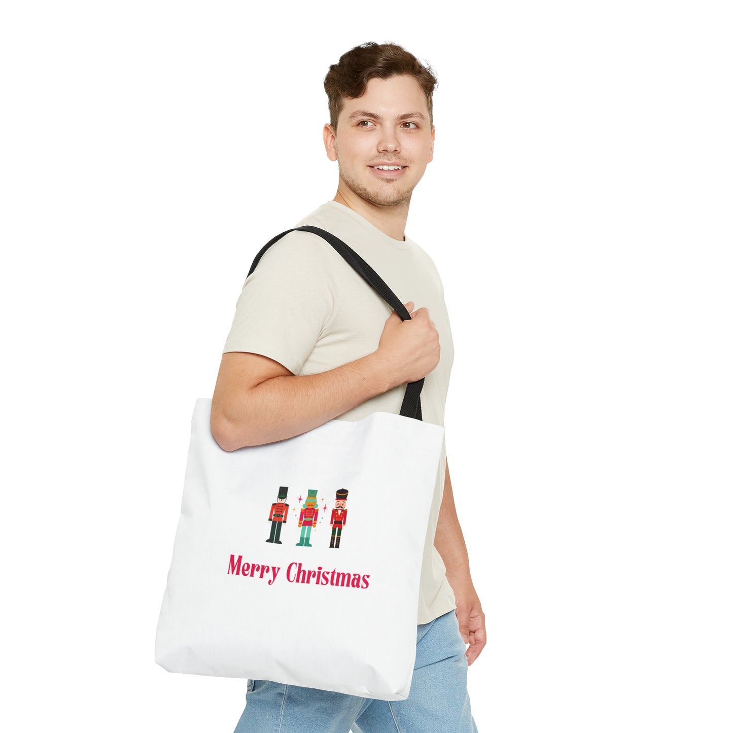 Tote Bag – Nutcracker Trio with “Merry Christmas” Text – Gift for Holiday Shoppers & Seasonal Outings