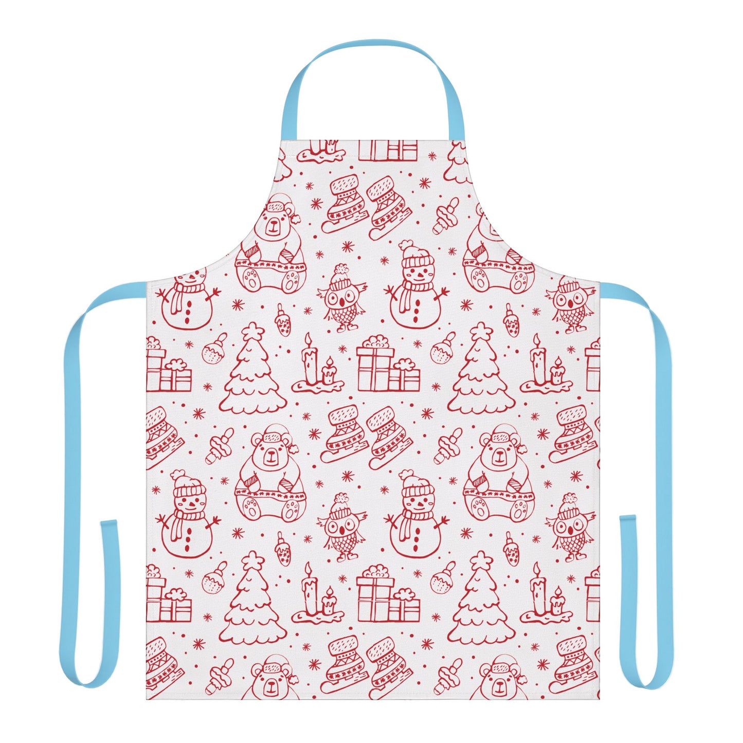 Festive Christmas Apron with Red Holiday Illustrations and Adjustable Straps