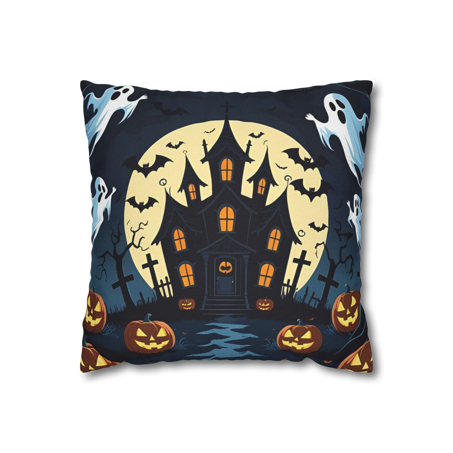 Haunted House Halloween Pillowcase with Ghosts, Bats & Pumpkins – Spooky Throw Pillow Cover for Halloween Home Decor