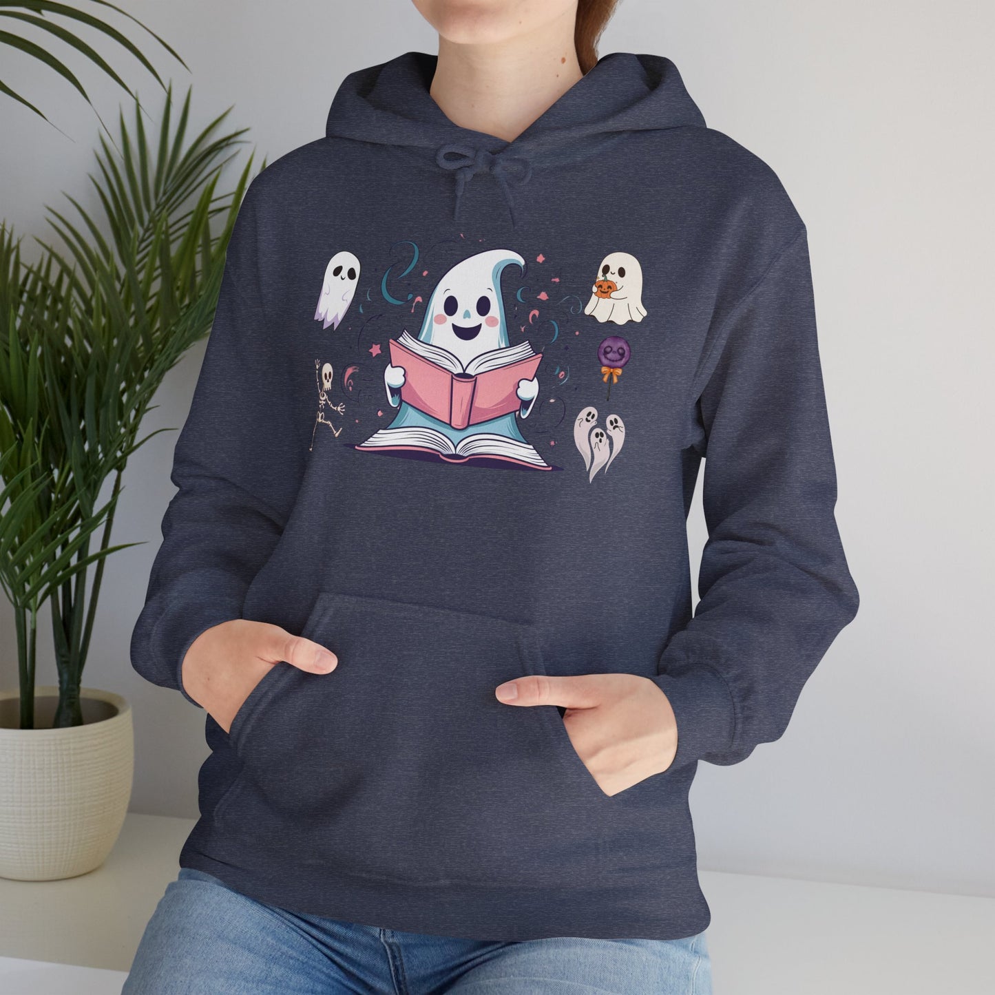 Cute Ghost Reading Hoodie – Whimsical Halloween Sweatshirt for Book Lovers