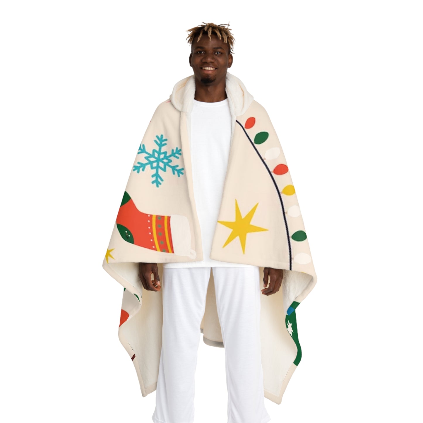 Sherpa Hooded Blanket – Cream Christmas Design with Santa, Gingerbread & Snowflakes – Cozy Winter Gift