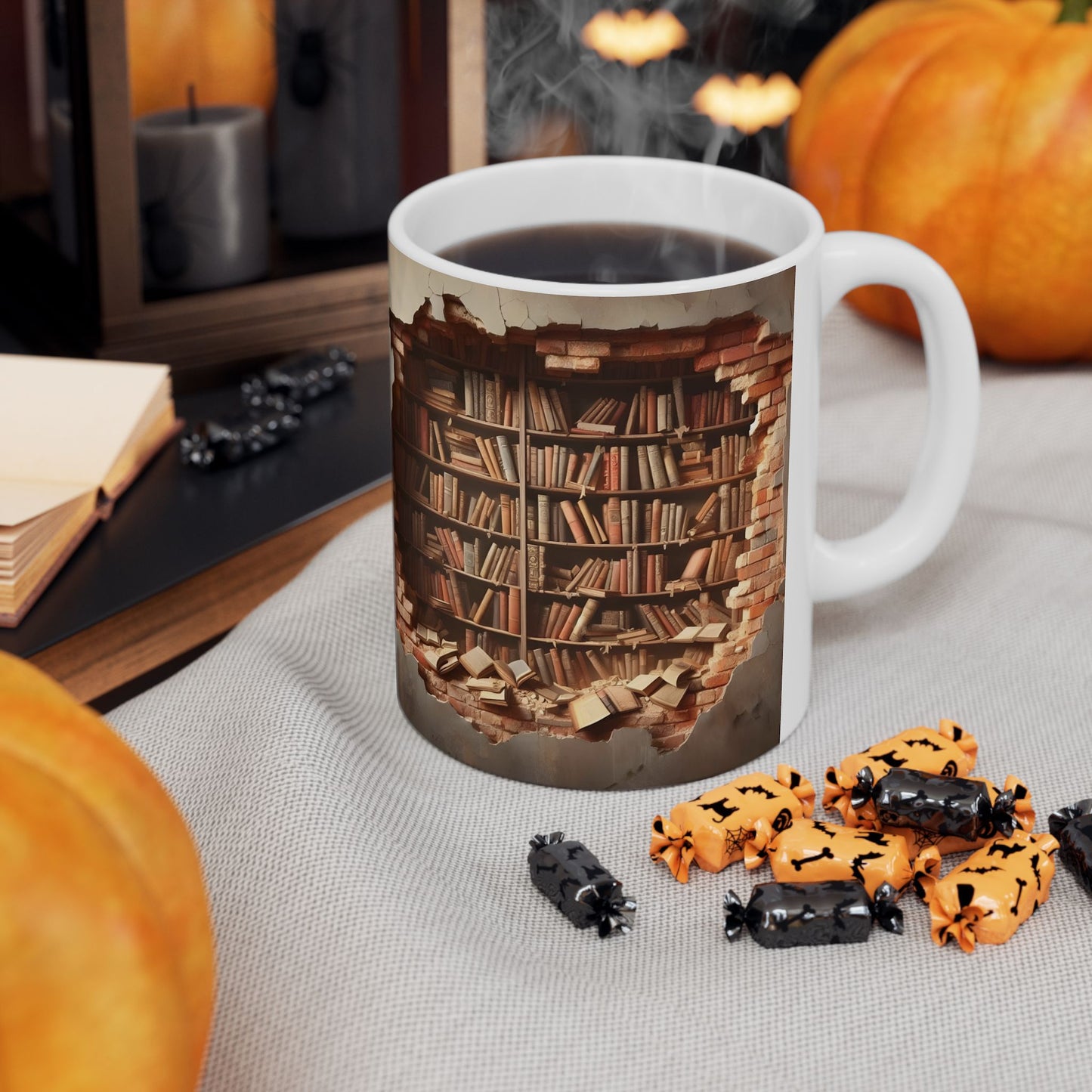 3D Bookshelf Illusion Mug – Unique Library Wall Break Design