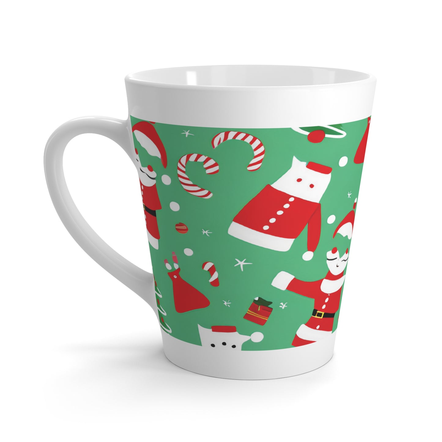 Latte Mug – Green Christmas Design with Santa, Candy Canes & Snowflakes – Festive Gift for Latte Lovers