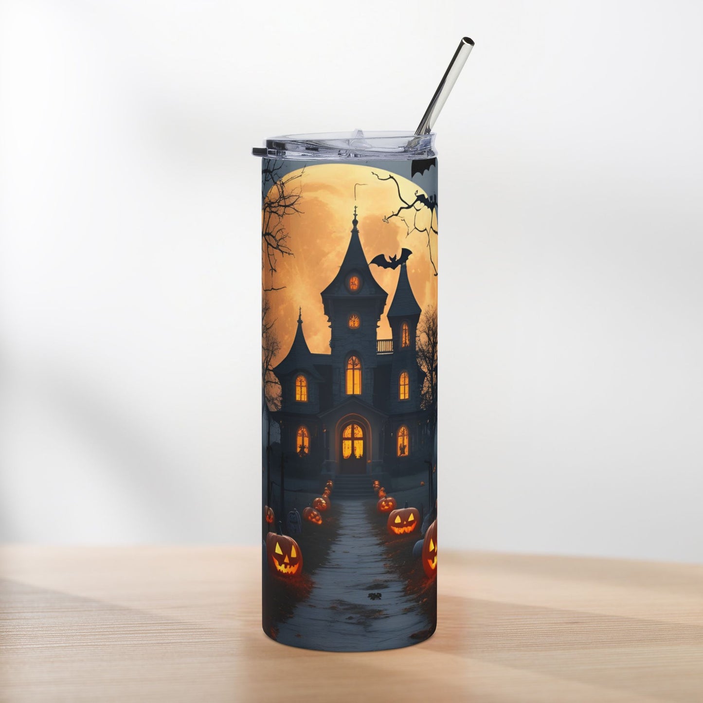 Moonlit Haunted House Halloween Tumbler – Glowing Pumpkins & Spooky Path