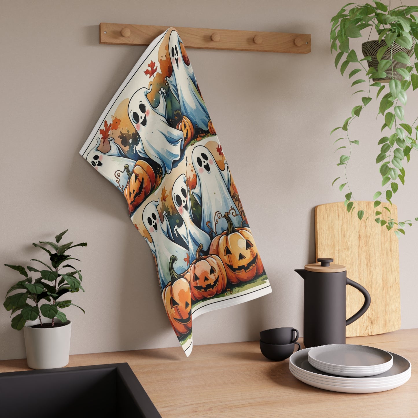 Playful Ghosts Halloween Tea Towel – Jack-O’-Lanterns and Autumn Leaves Design